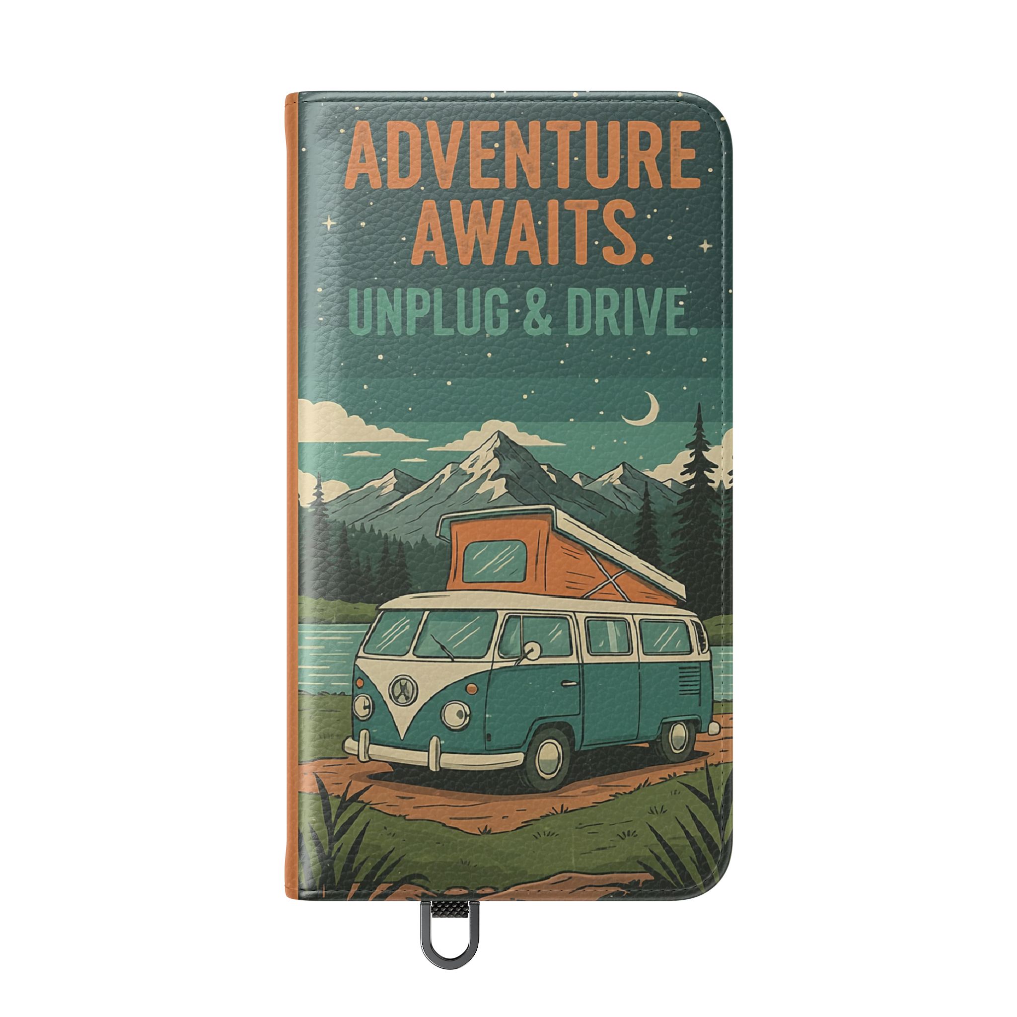 Flip Phone Case — "Adventure Awaits Unplug & Drive" Wallet Case