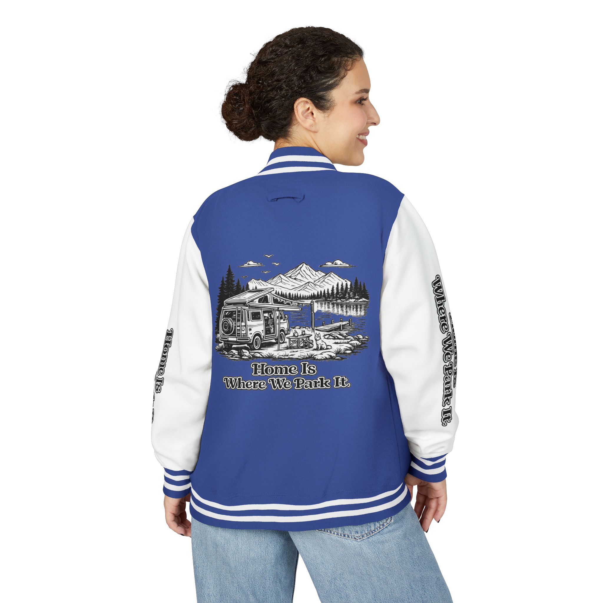 Unisex Heavyweight Letterman Jacket — "Home Is Where You Park It" Travel Varsity Coat