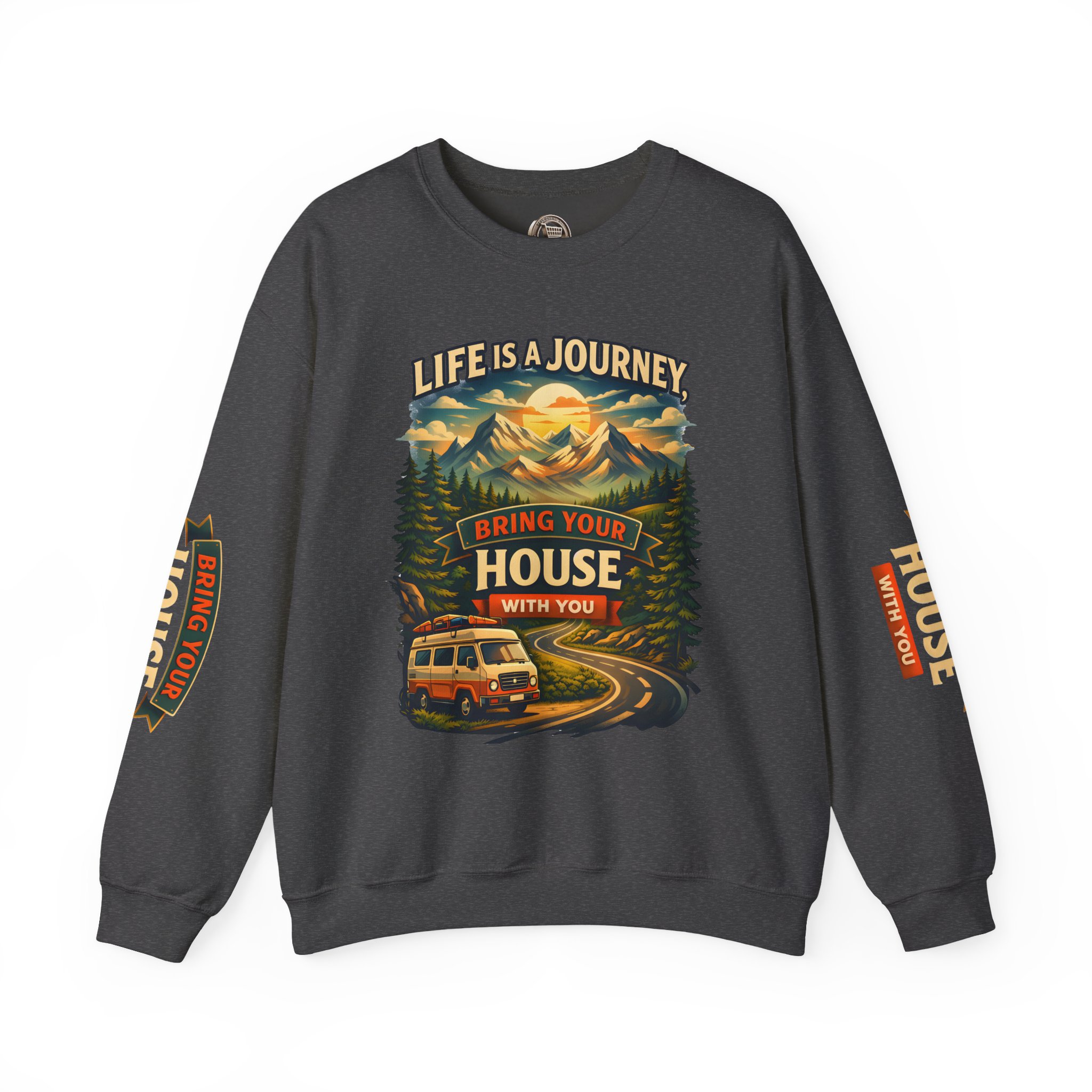 Unisex Heavy Blend™ Crewneck Sweatshirt — "Live Is A Journey-Bring Your House With You" Design Scenic-Line