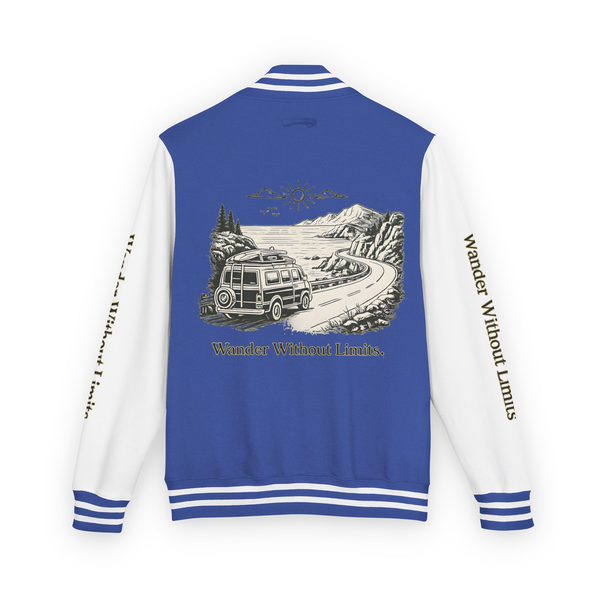 Unisex Heavyweight Letterman Jacket — "Wander Without Limits" Travel Varsity Coat