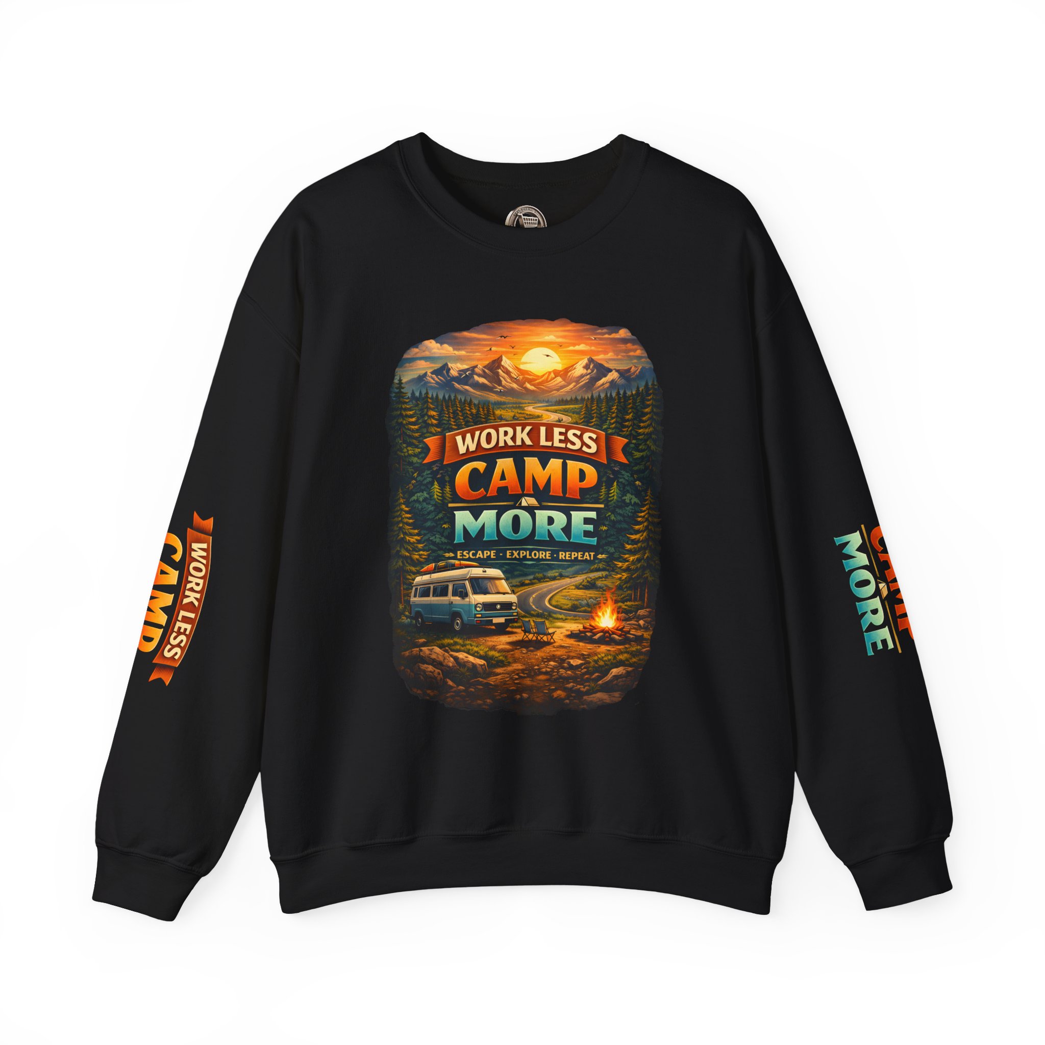 Unisex Heavy Blend™ Crewneck Sweatshirt — "Work Less-Camp More" Design Scenic-Line