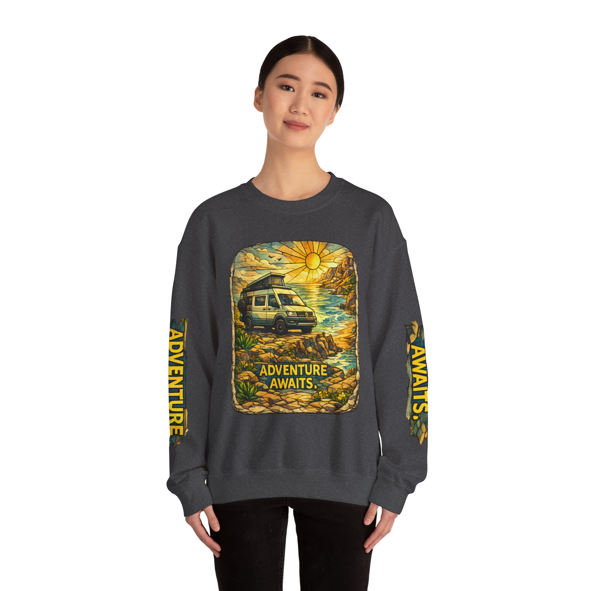 Unisex Heavy Blend™ Crewneck Sweatshirt — "Adventure Awaits" Design Cubic-Line