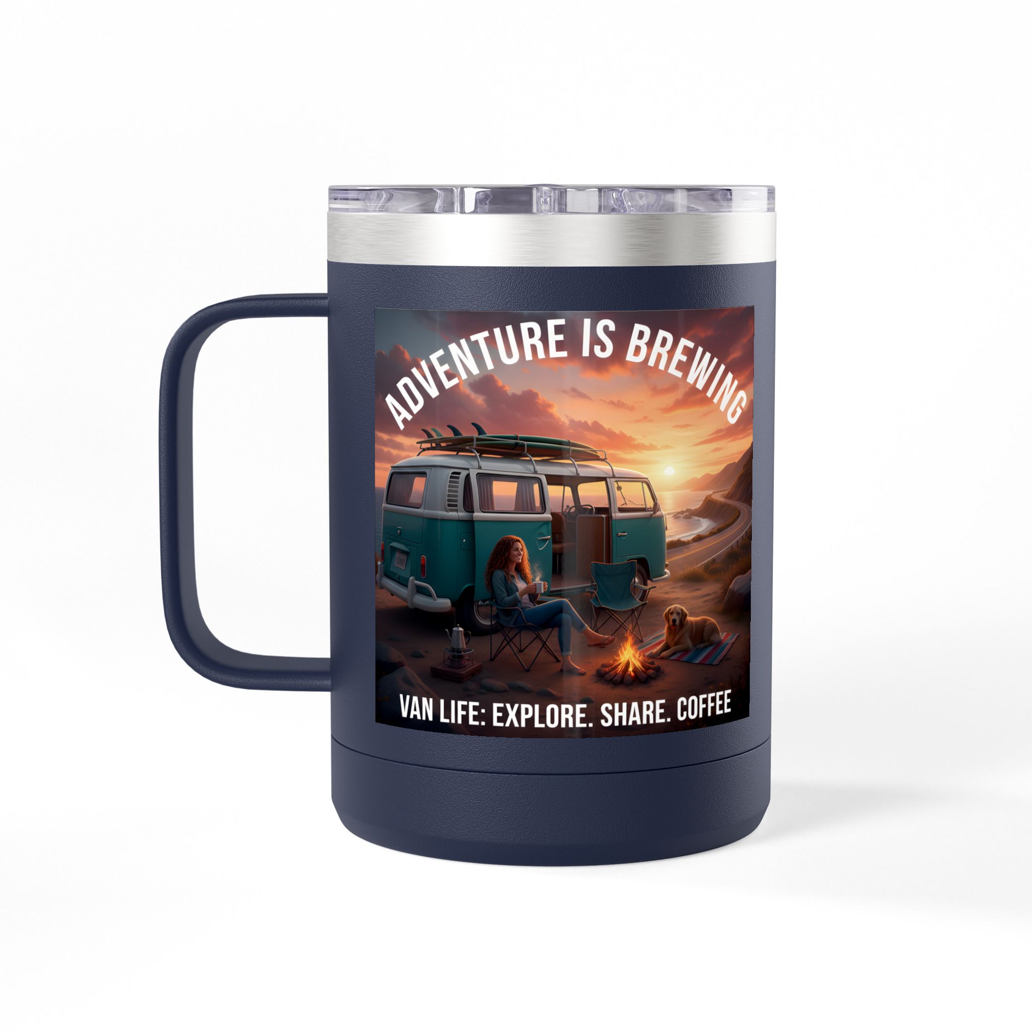 Coffee Mug Tumbler, 15oz-- "Adventure Is Brewing"