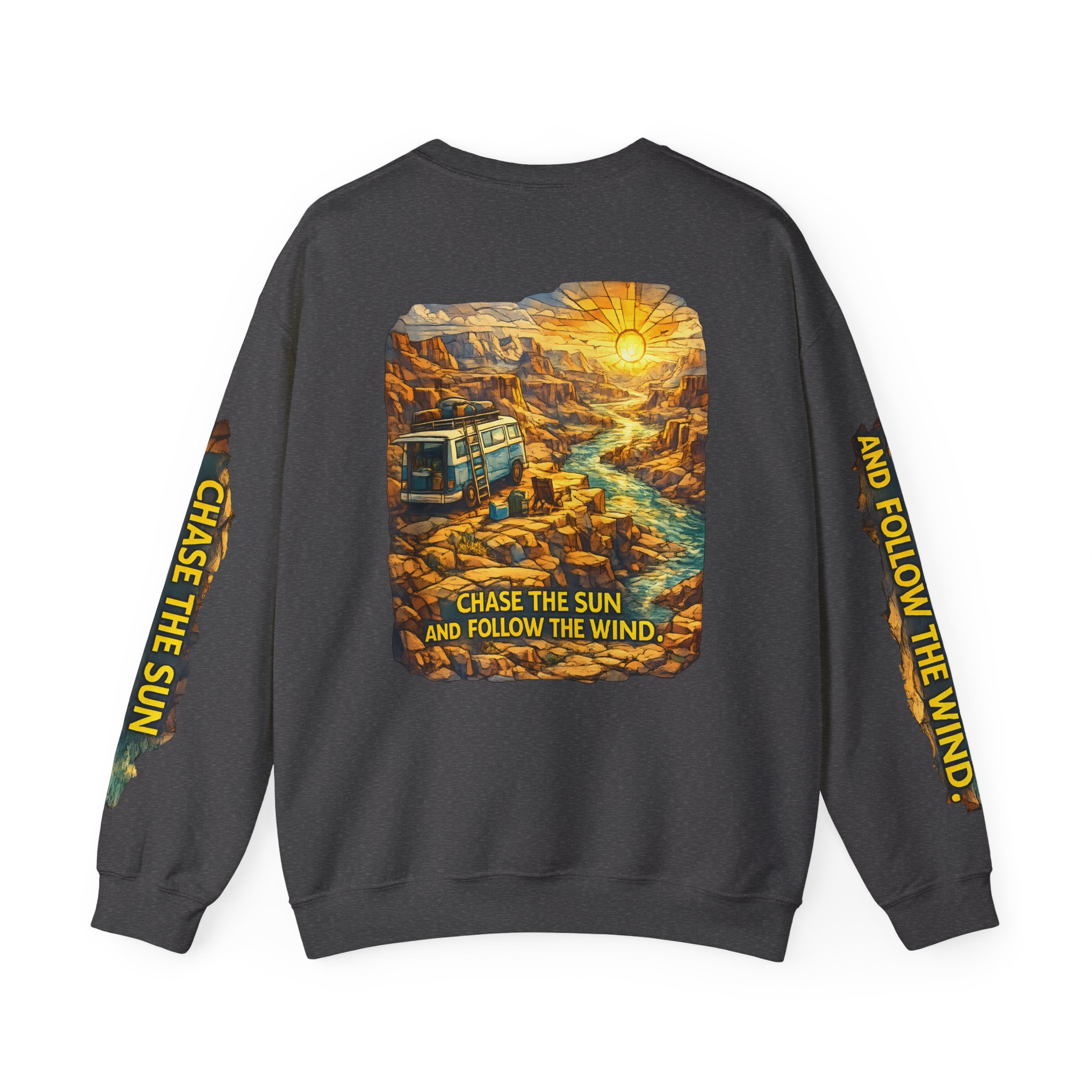7223781228051583192_2048.jpeg Unisex Heavy Blend™ Crewneck Sweatshirt — "Chase The Sun And Follow The Wind" Design Cubic-Line