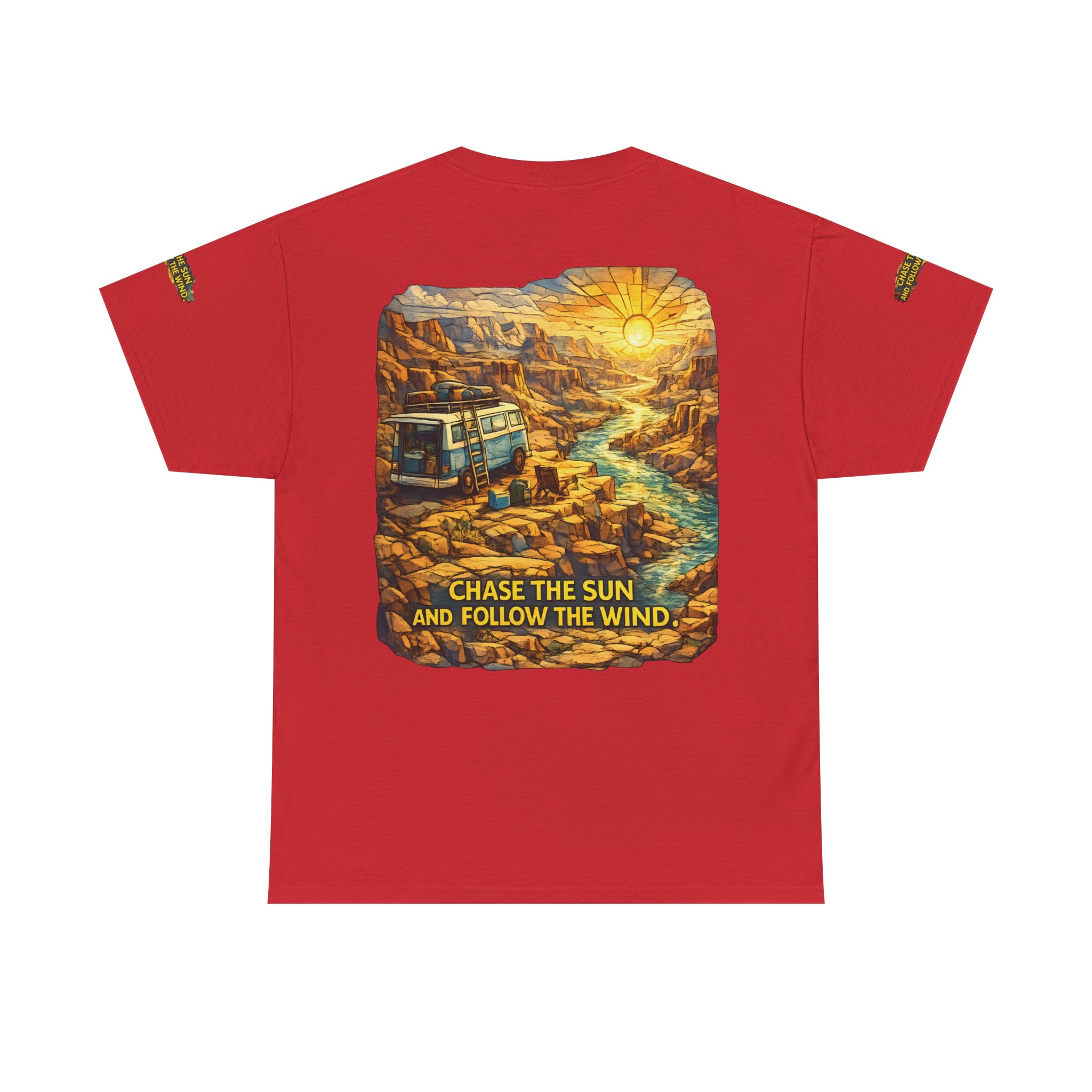 722710203209657848_2048.jpeg Unisex Heavy Cotton Tee — "Chase The Sun And Follow The Wind" Design Cubic-Line