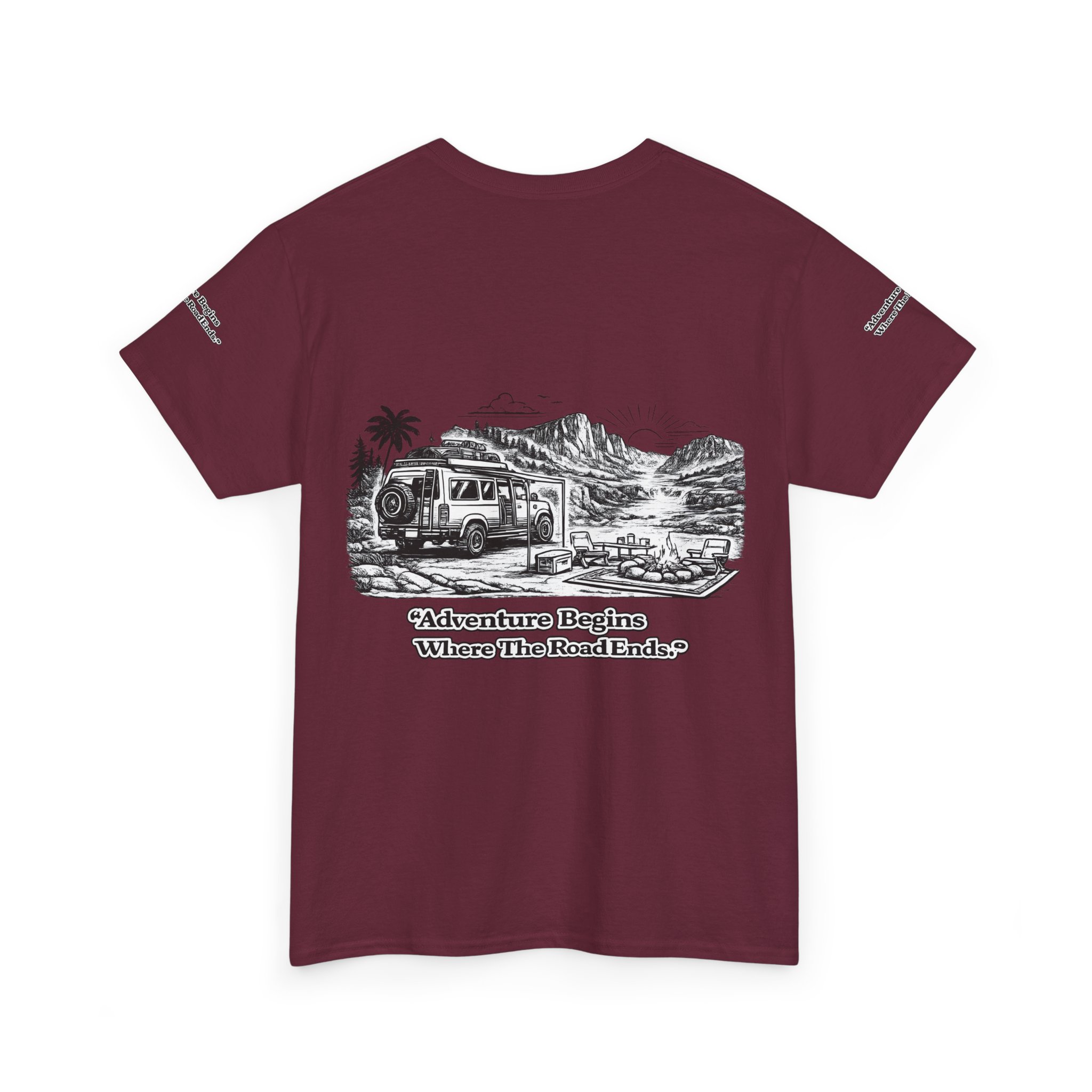 Unisex Heavy Cotton Tee — "Adventure Begins Where The Road Ends" Design Minimal-Line