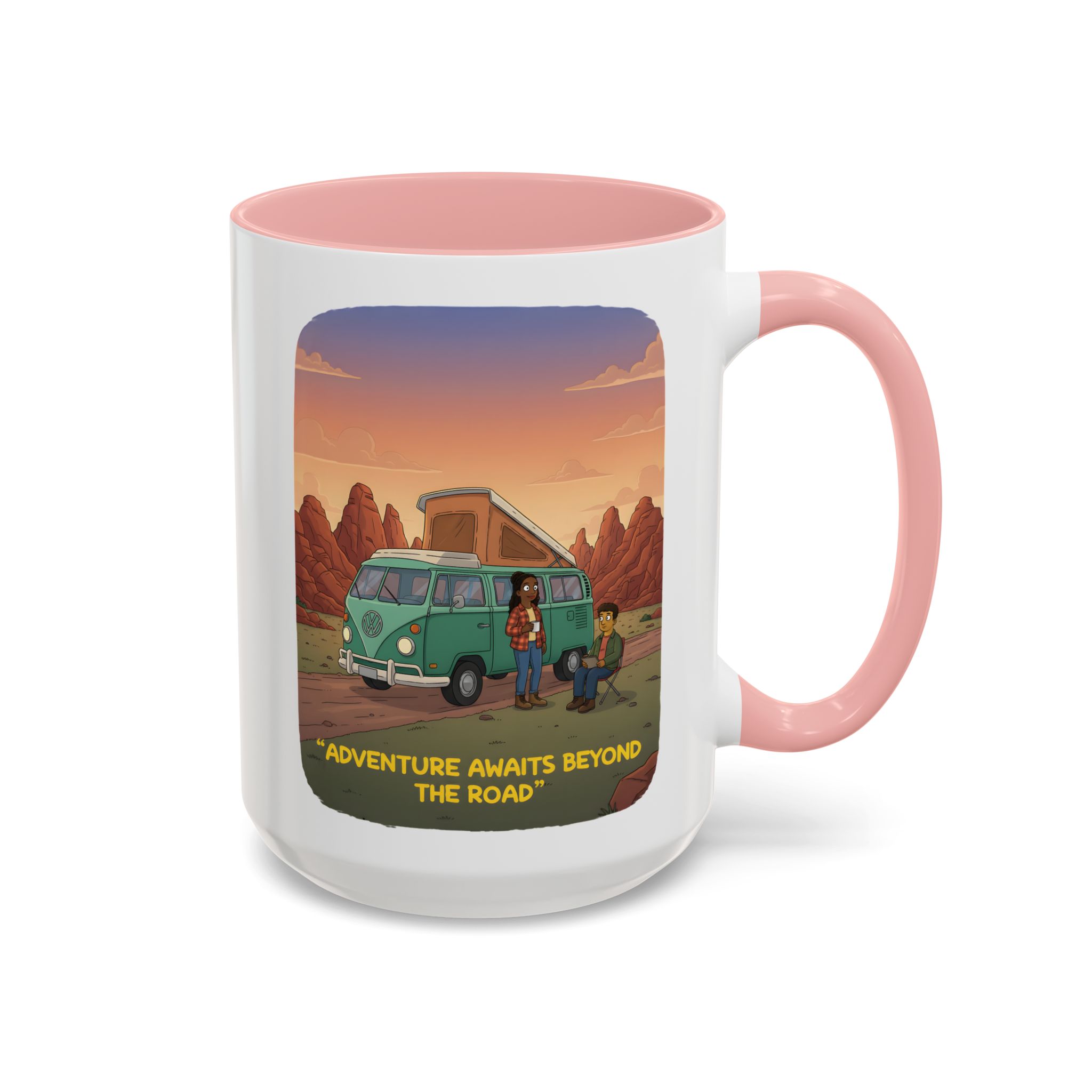 Accent Coffee Mug (11, 15oz) — "Adventure Awaits Beyond The Road" Design Sitcom-Line