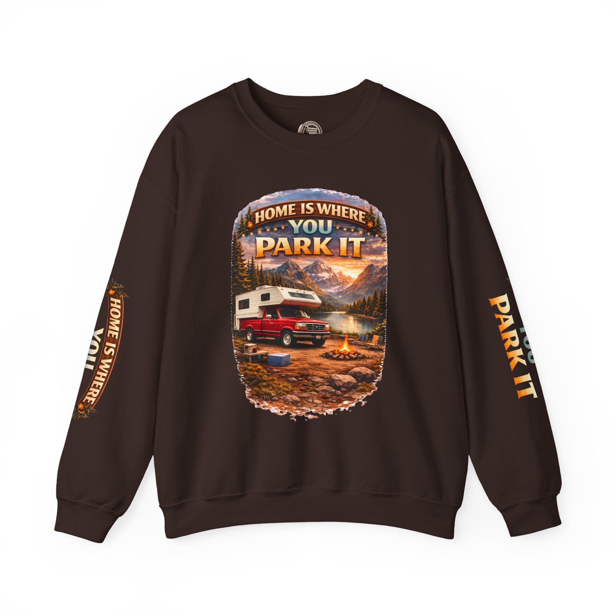 Unisex Heavy Blend™ Crewneck Sweatshirt — "Home Is Where You Park It" Design Scenic-Line