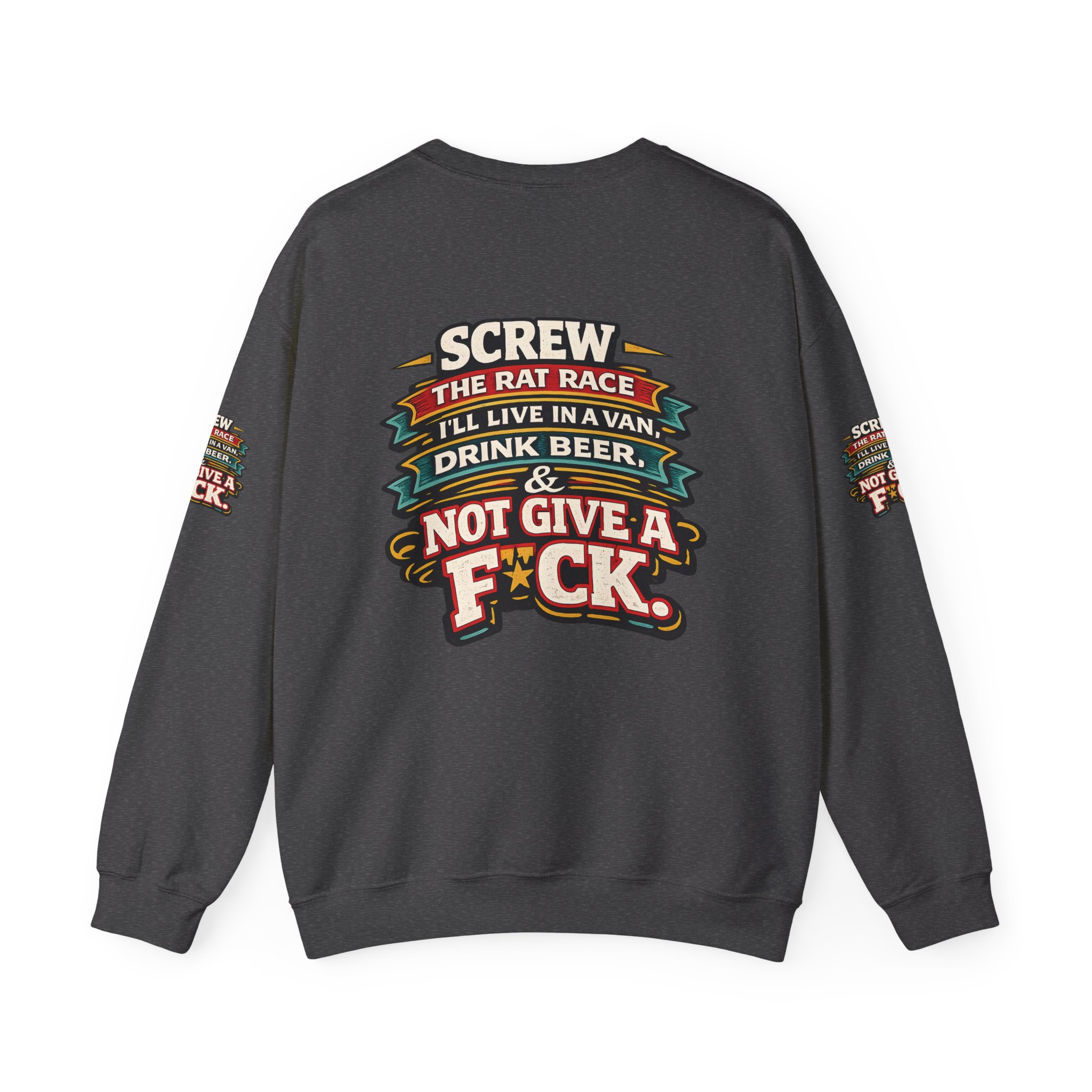 Unisex Heavy Blend™ Crewneck Sweatshirt — "Screw The Rat Race" Design F**K-Line