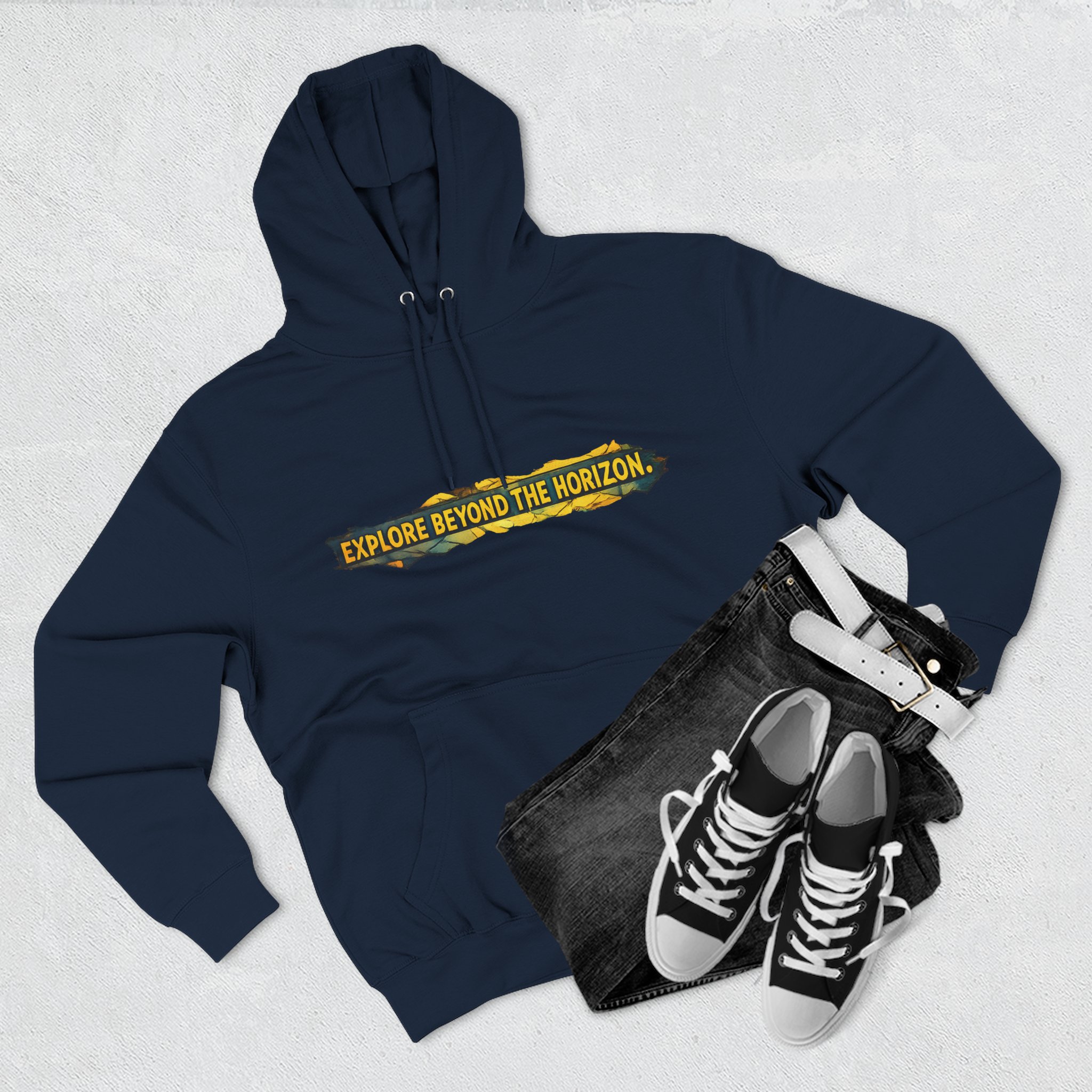 Three-Panel Fleece Hoodie - "Explore Beyond The Horizon" Design Cubic-Line
