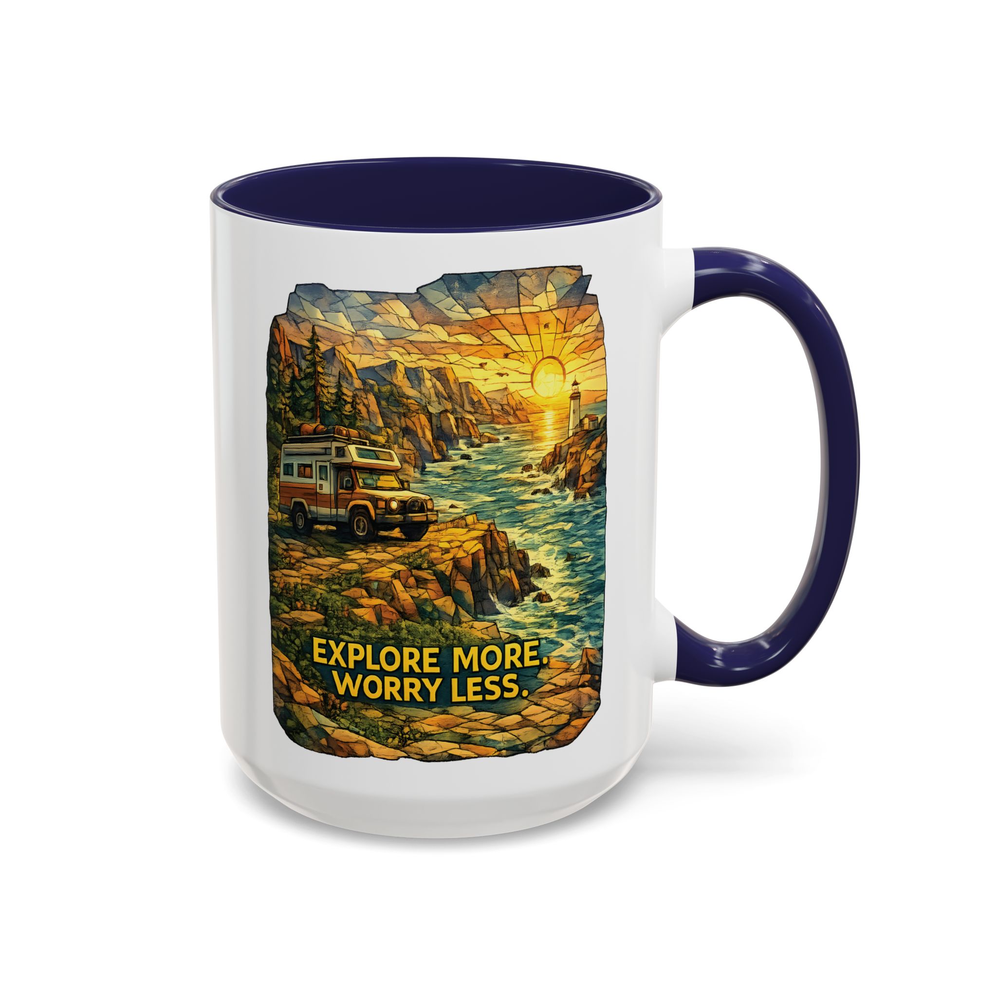 Accent Coffee Mug (11, 15oz) — "Explore More Worry Less" Design Cubic-Line