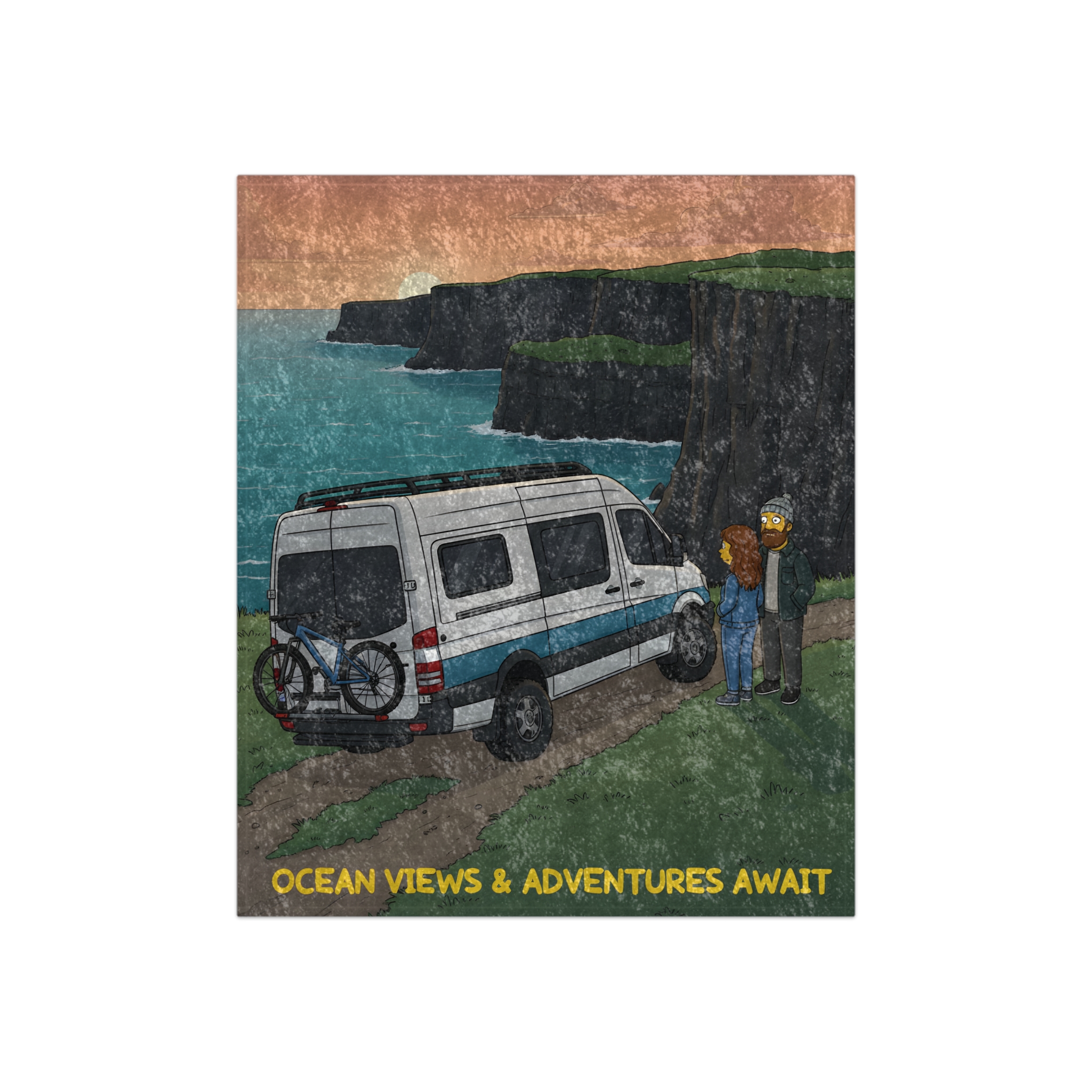 Crushed Velvet Blanket —"Ocean Views-Adventures Awaits" Design Sitcom-Line (Campervan)