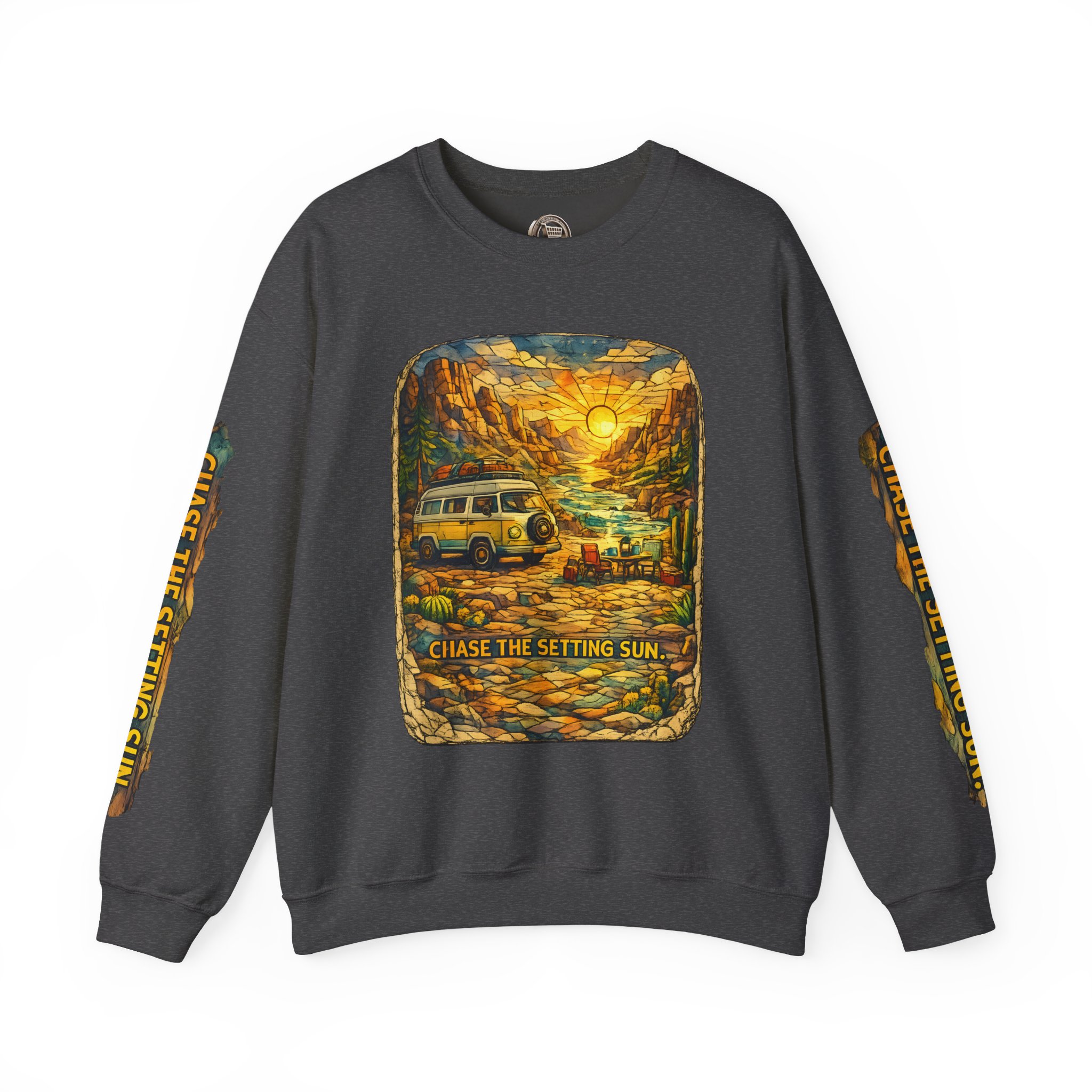 Unisex Heavy Blend™ Crewneck Sweatshirt — "Chase The Settings Sun" Design Cubic-Line