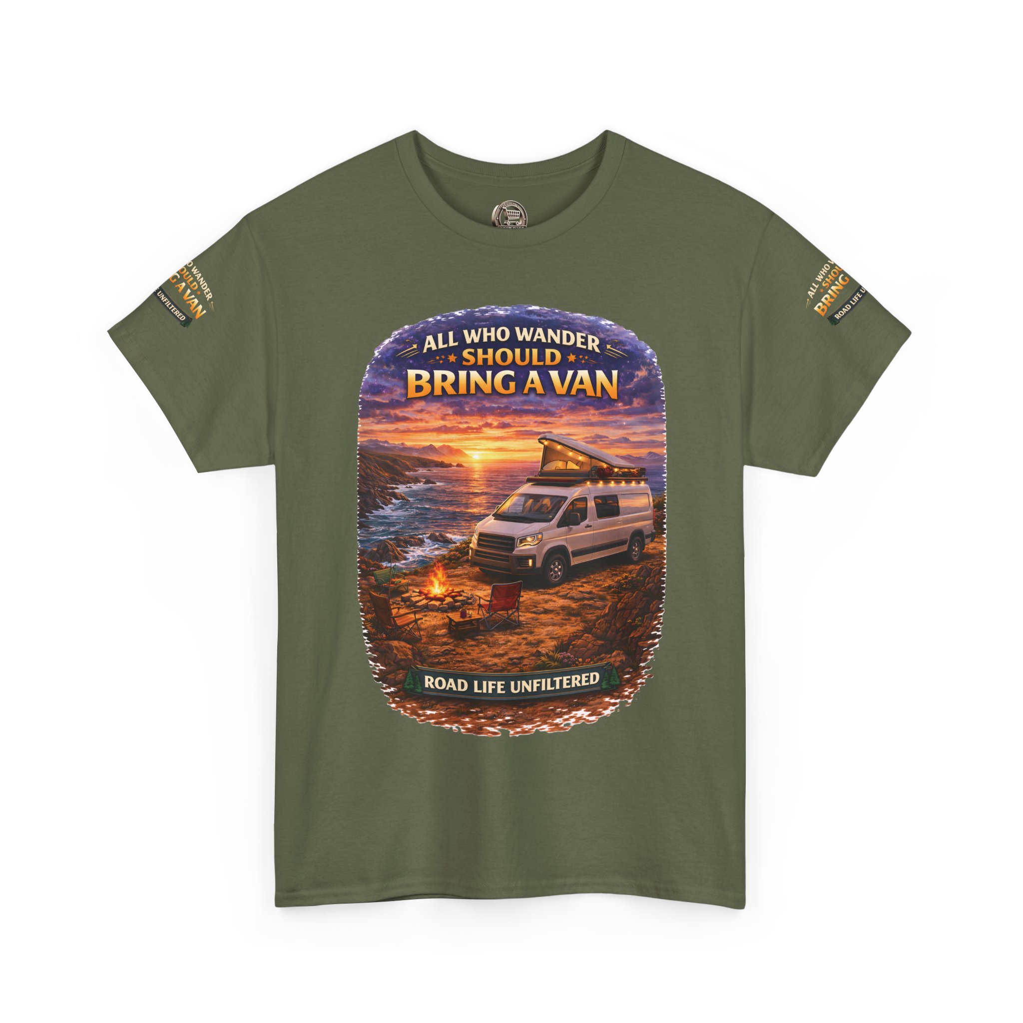 Unisex Heavy Cotton Tee — "All Who wander Should Bring A Van" Design Scenic-Line
