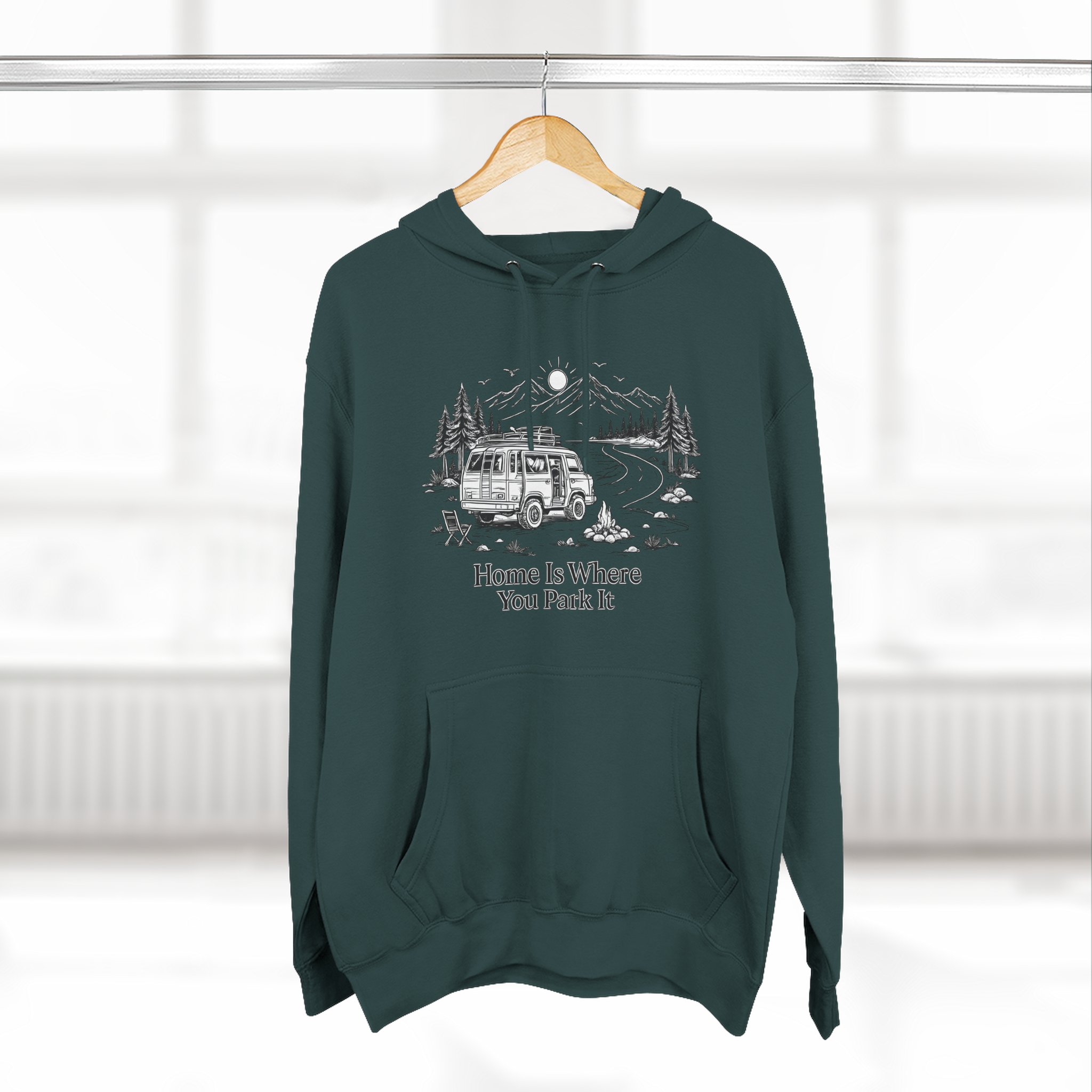 7280147781013762126_2048.jpeg Three-Panel Fleece Hoodie - "Home Is Where You Park It" Design Minimal-Line
