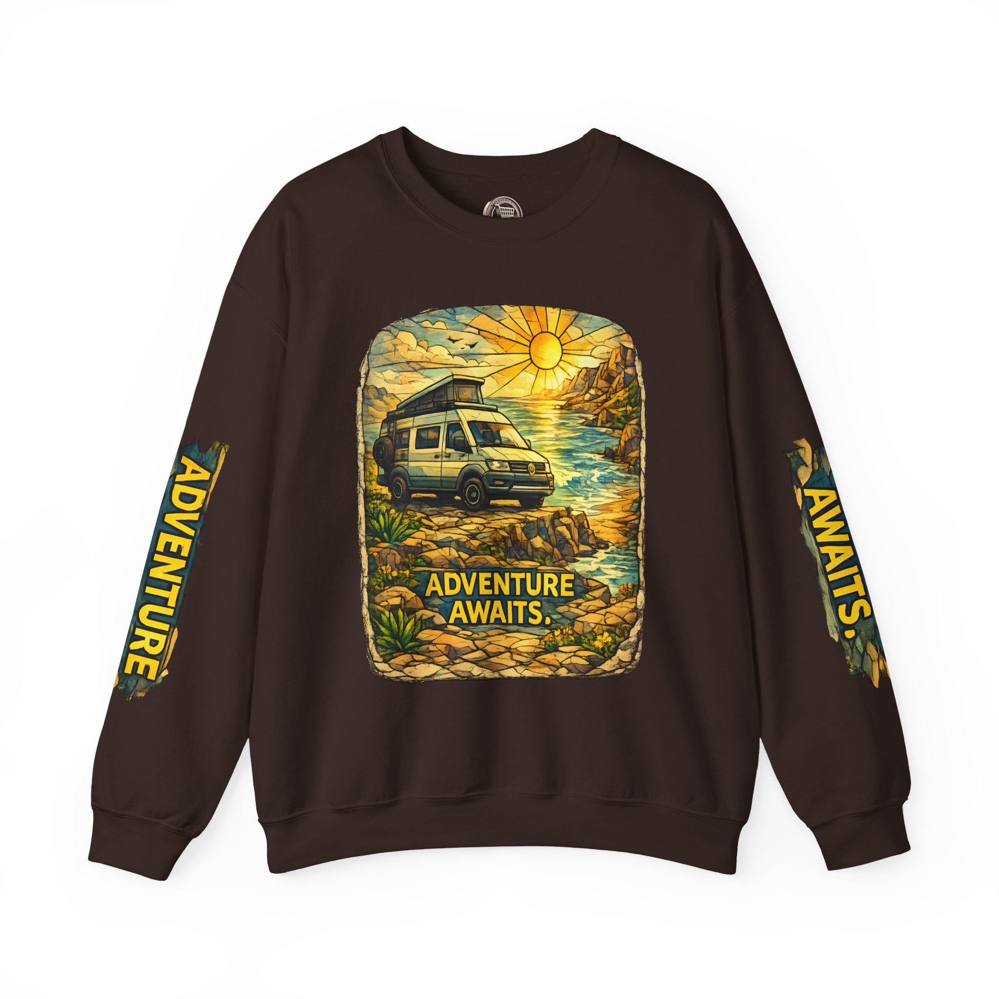Unisex Heavy Blend™ Crewneck Sweatshirt — "Adventure Awaits" Design Cubic-Line