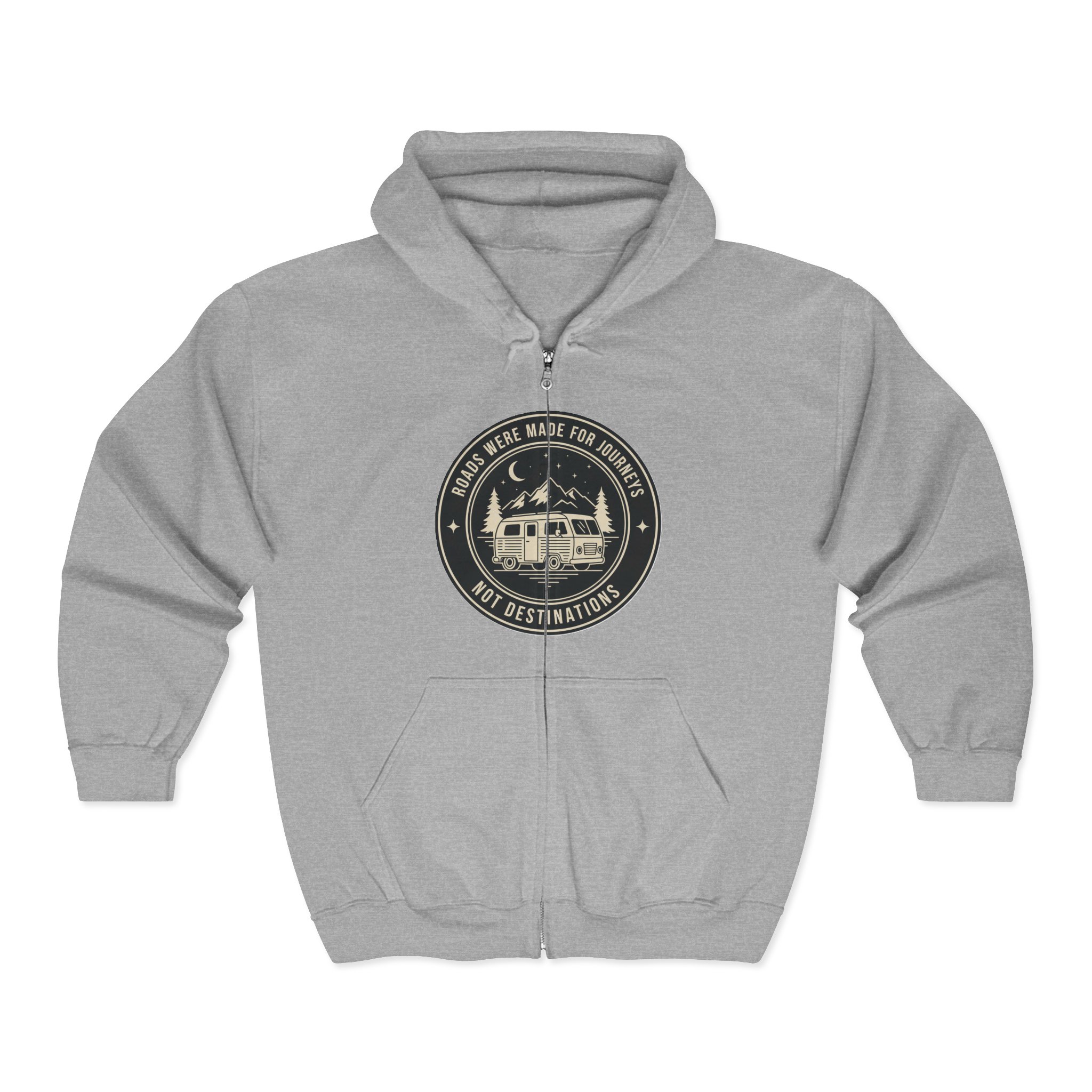 Zip Hoodie — "ROAD WHERE MADE FOR JOURNEYS-NOT DESTINATIONS"(Front + Back Printed) Camper Van Adventure Zip-Up