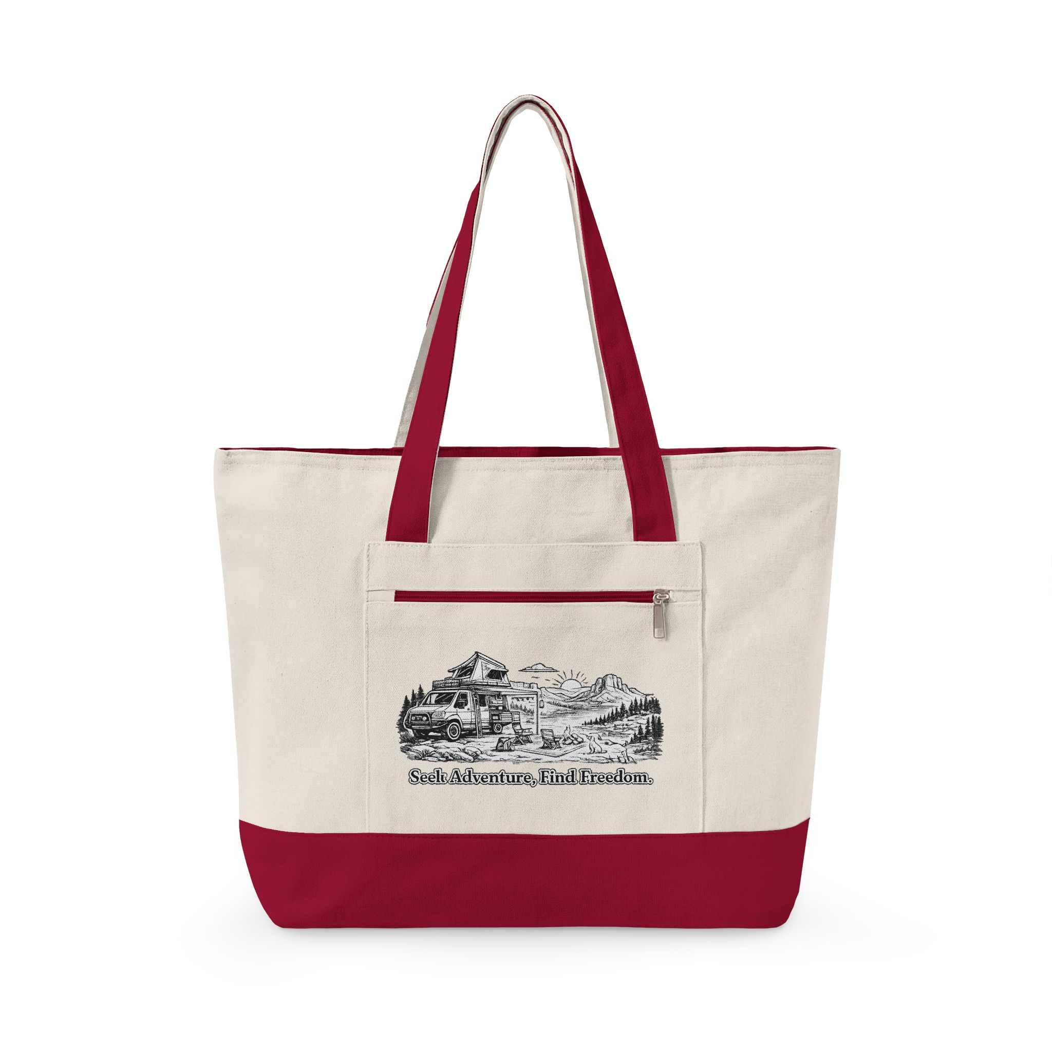 Zippered Canvas Tote — "Seek Adventure, Find Freedom" (Design Minimal-Line)