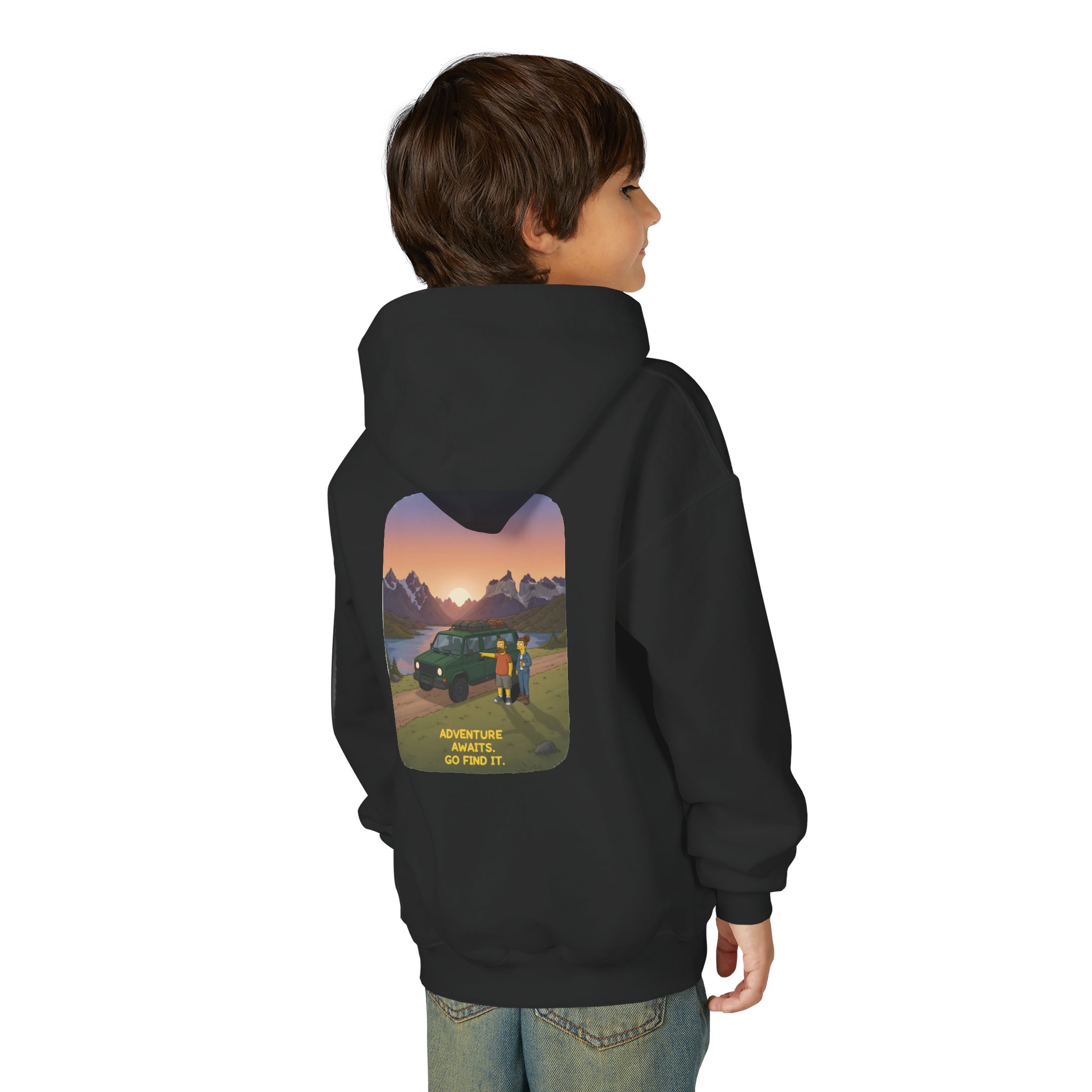 Youth Hoodie(Gildan) – "Adventure Awaits-Go Find It" (Design Sitcom-Line)