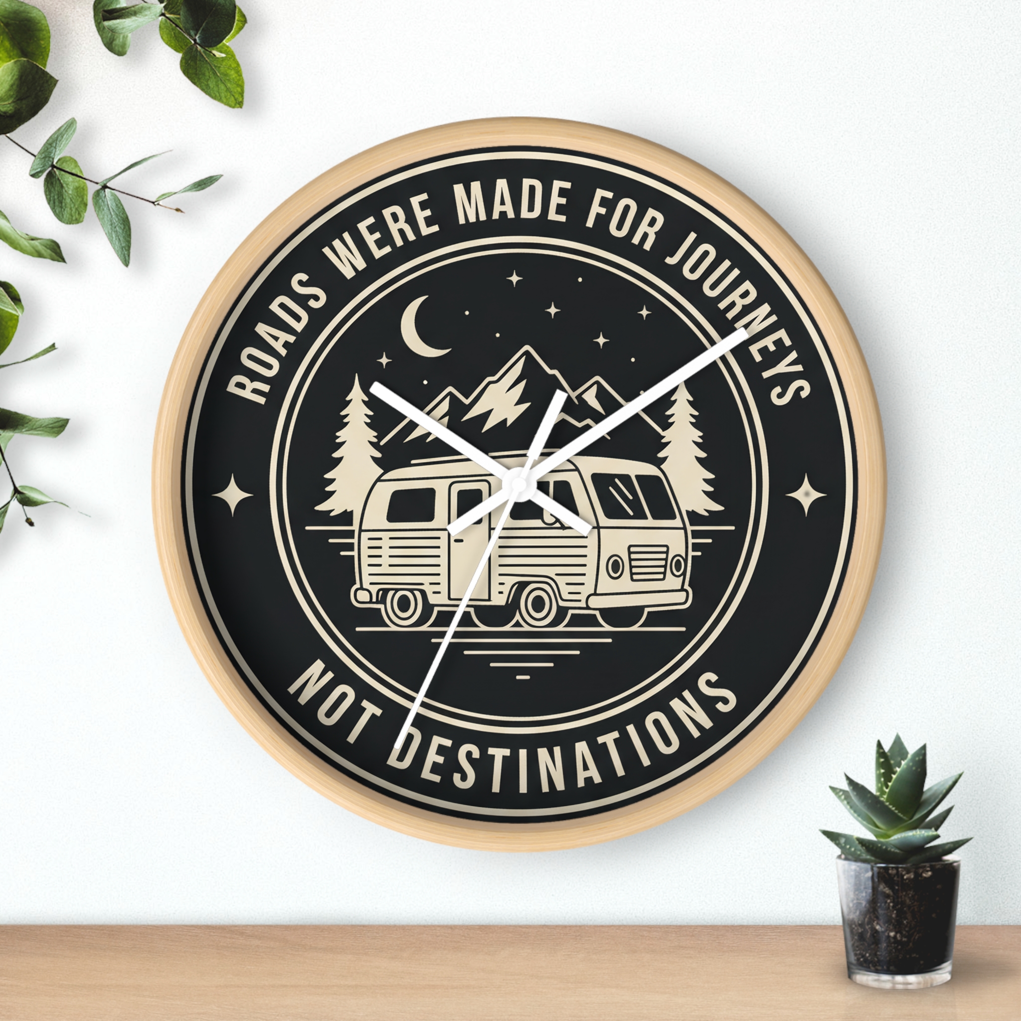 Wall Clock — "ROAD WHERE MADE FOR JOURNEYS-NOT DESTINATIONS" Camper Van Mountain Travel Timepiece