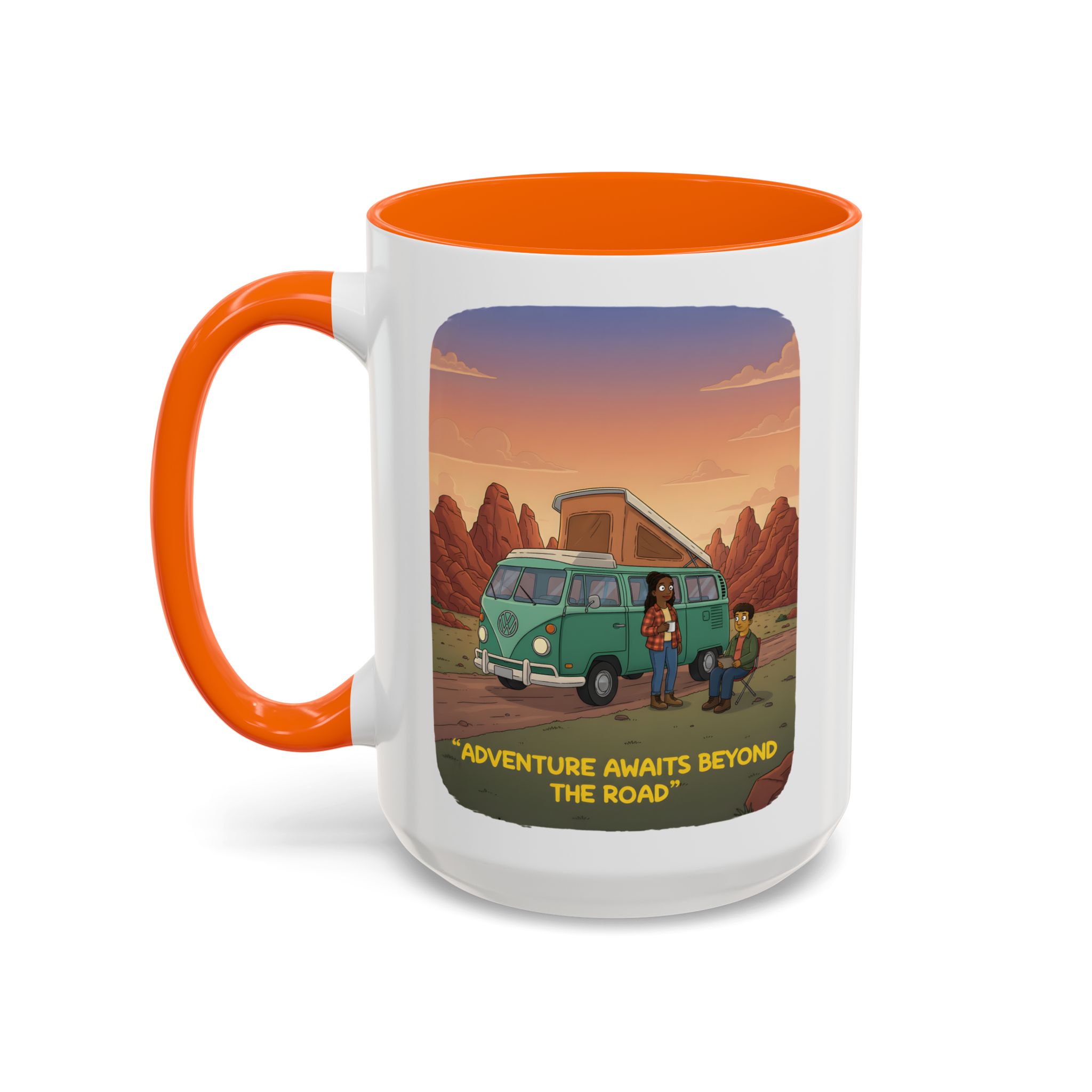 Accent Coffee Mug (11, 15oz) — "Adventure Awaits Beyond The Road" Design Sitcom-Line