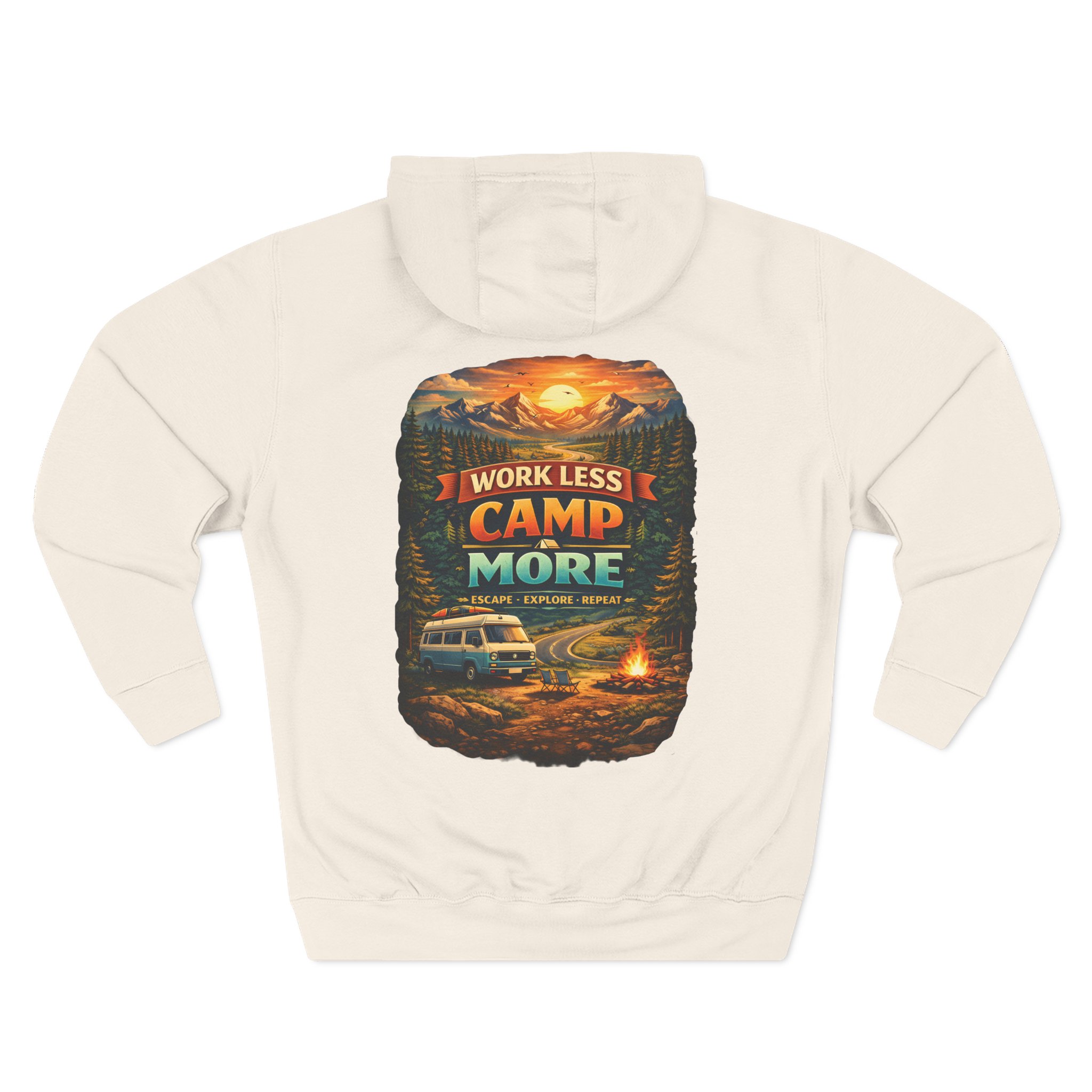 Three-Panel Fleece Hoodie - "Work Less-Camp More" Design Scenic-Line