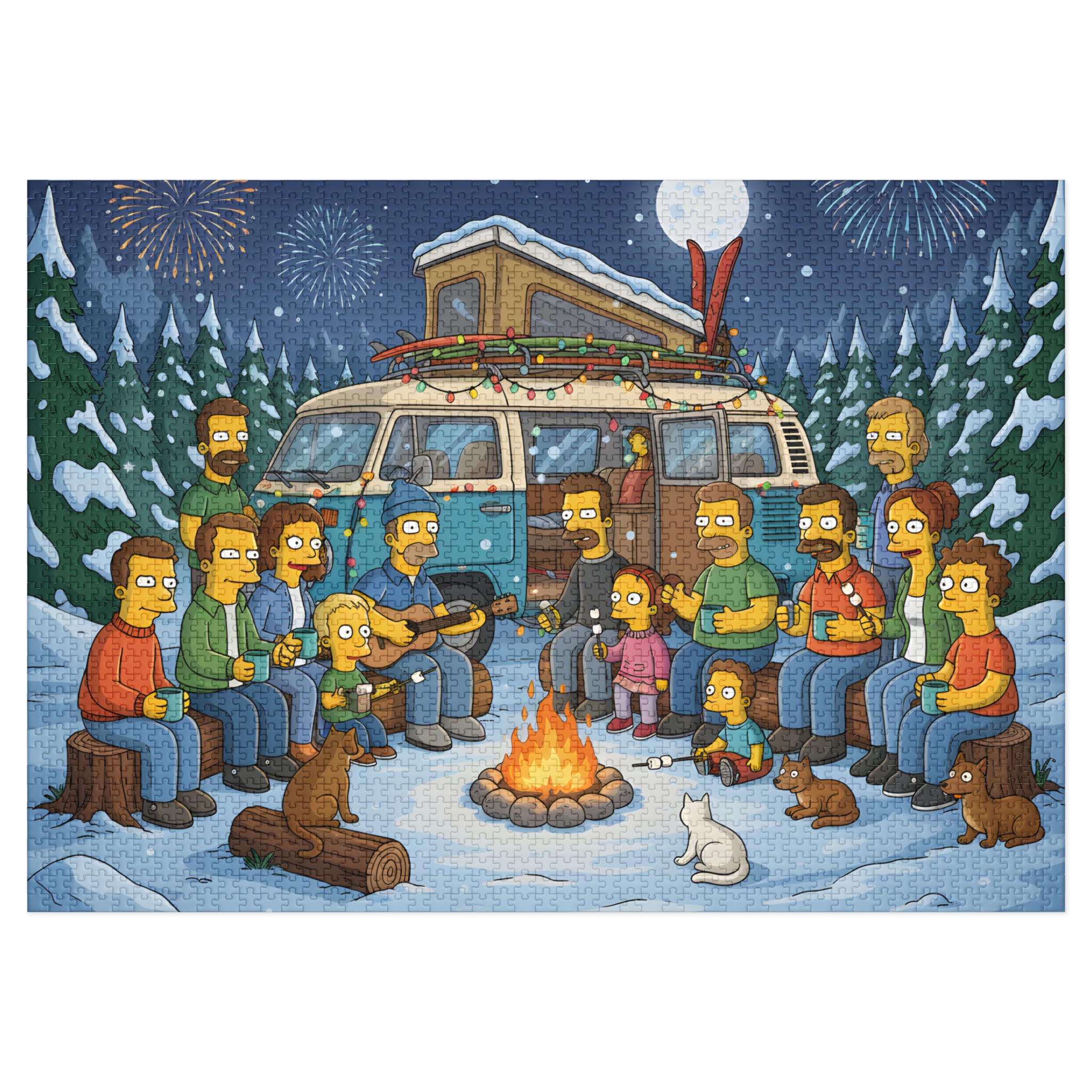 Jigsaw Puzzle with Tin — Winter Campfire Scene