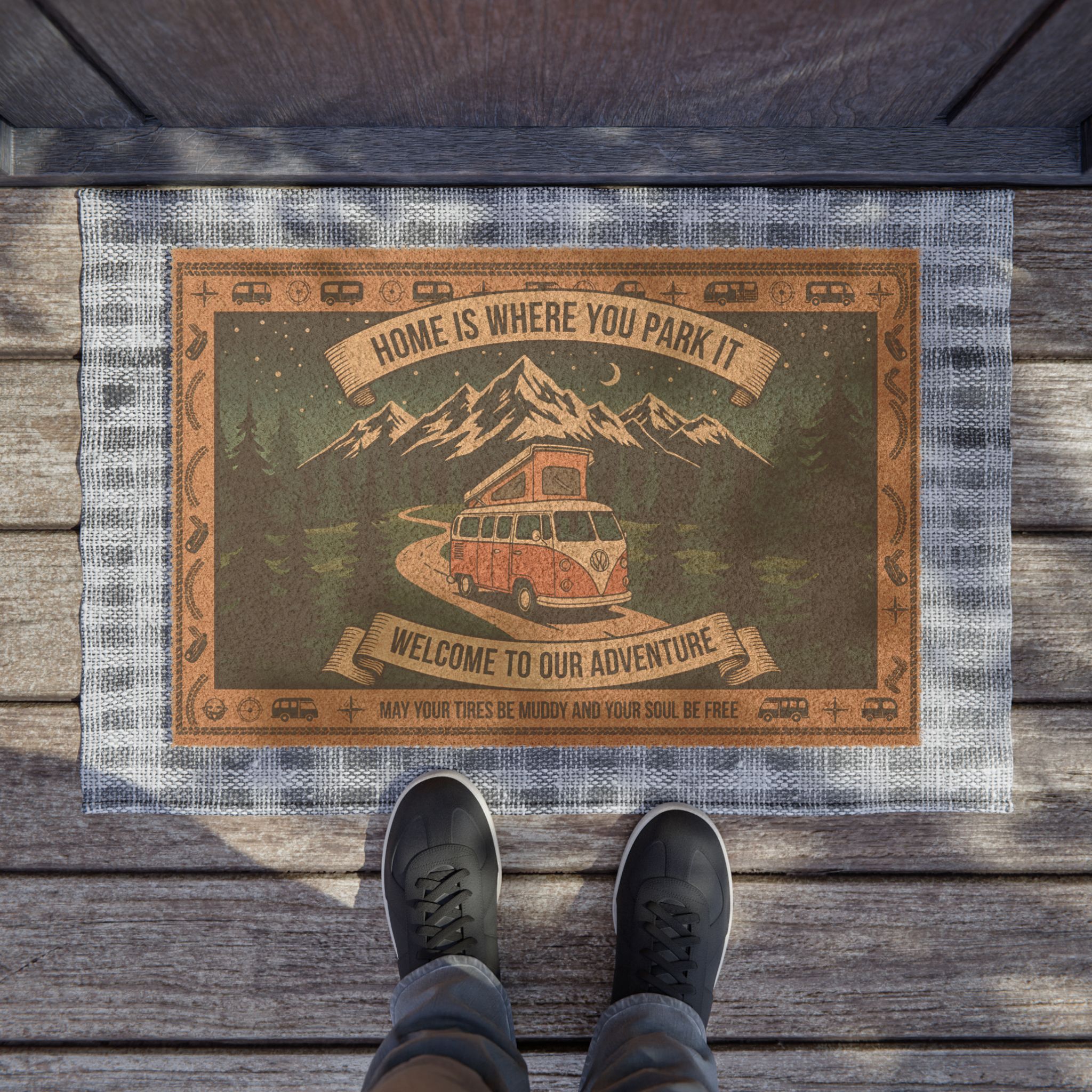 Doormat - "Home Is Where You Park It-Welcome To Our Adventure" Camper Van Adventure Welcome Mat