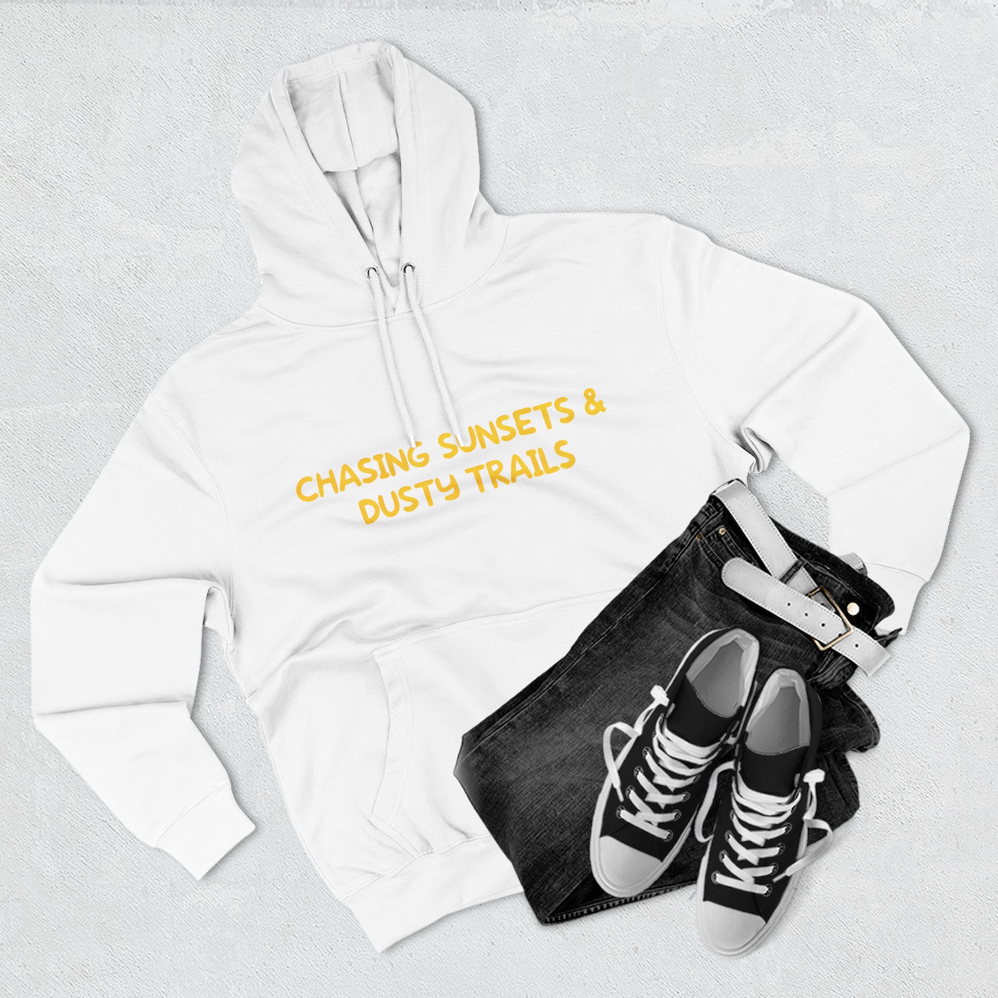Three-Panel Fleece Hoodie - "Chasing Sunsets And Dusty Trails" Design Sitcom-Line