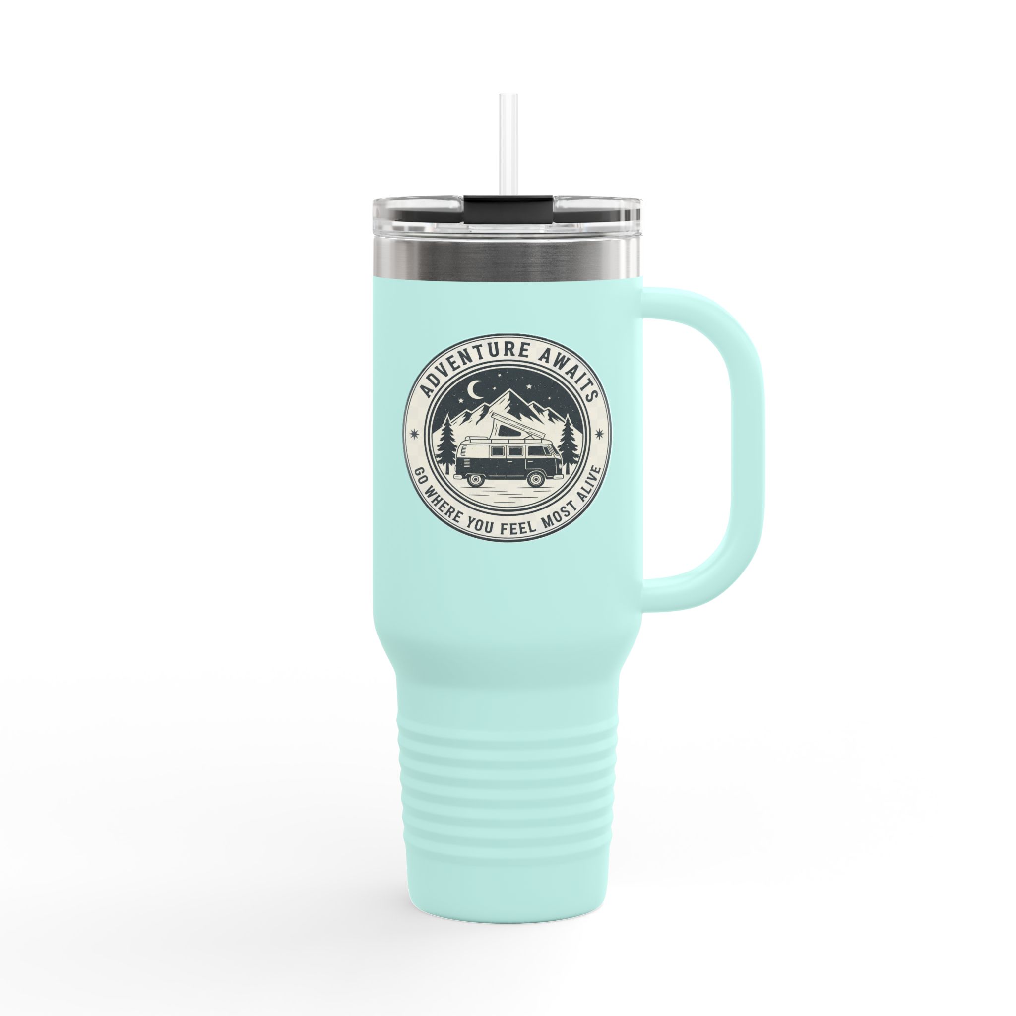Insulated Travel Mug - "Adventure Awaits-Go Where You Feel Most Alive" (40oz) – Retro Camper Design, Keep Drinks Hot or Cold