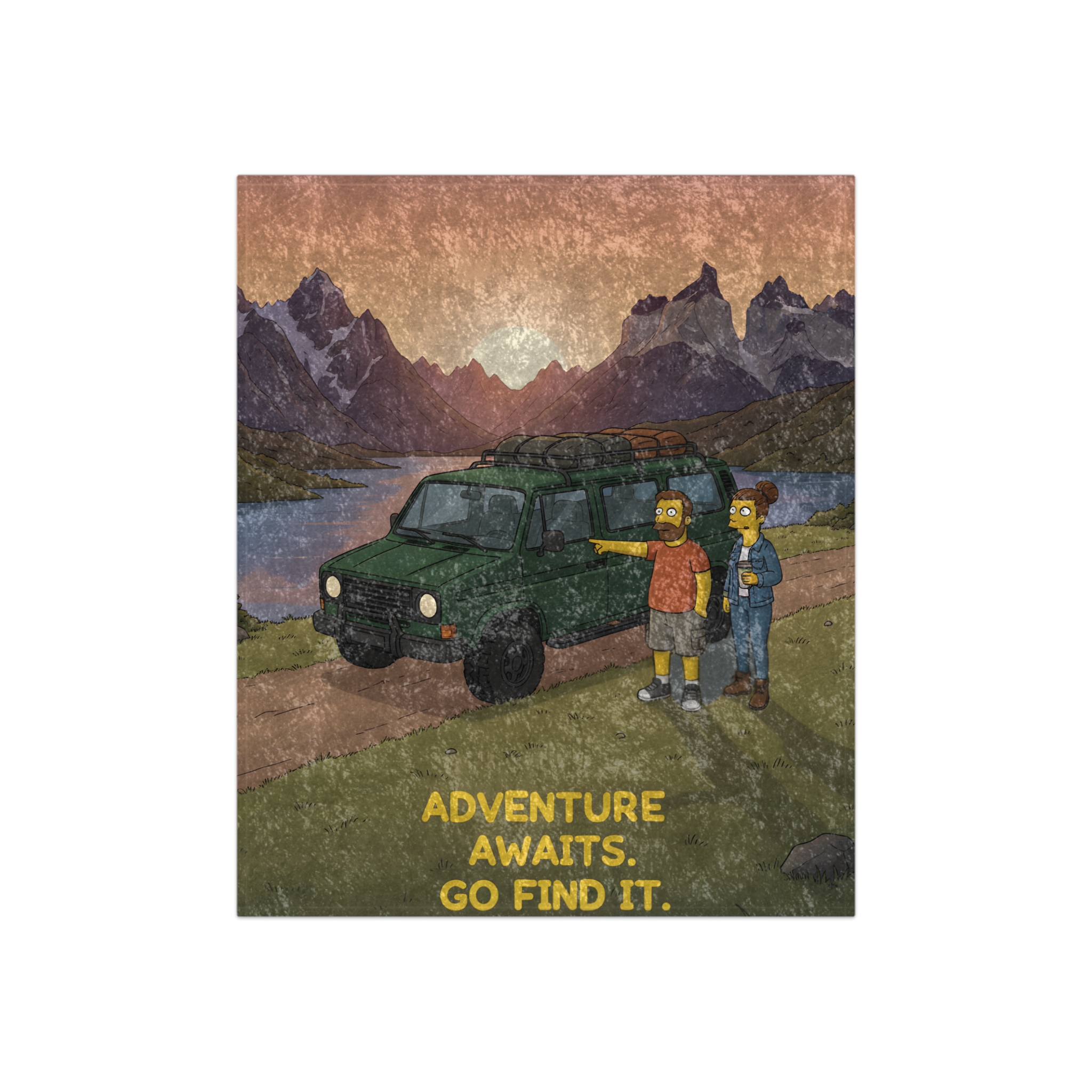 Crushed Velvet Blanket —"Adventure Awaits-Go Find It" Design Sitcom-Line (Campervan)