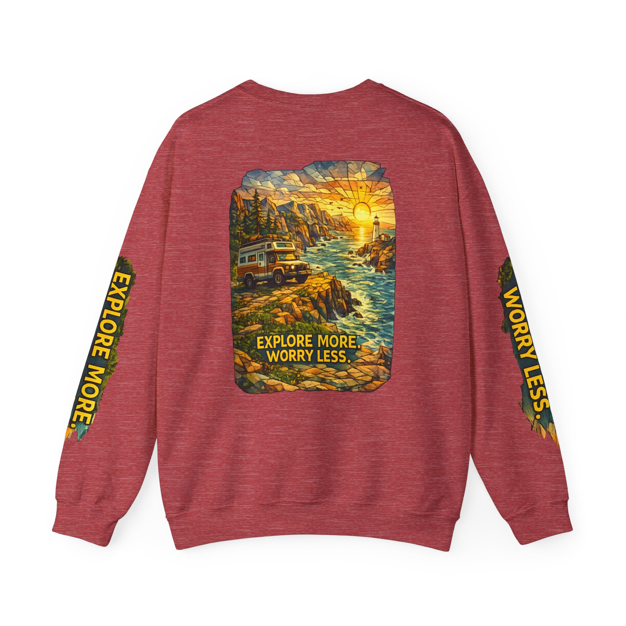 Unisex Heavy Blend™ Crewneck Sweatshirt — "Explore More Worry Less" Design Cubic-Line