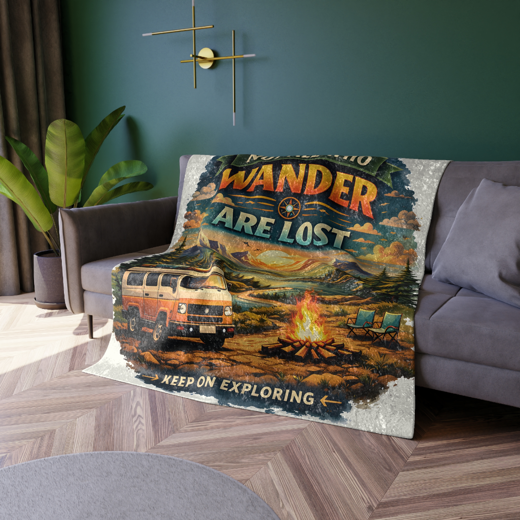 Crushed Velvet Blanket —"Not All Who Wander Are Lost" Design Scenic-Line (Campervan)