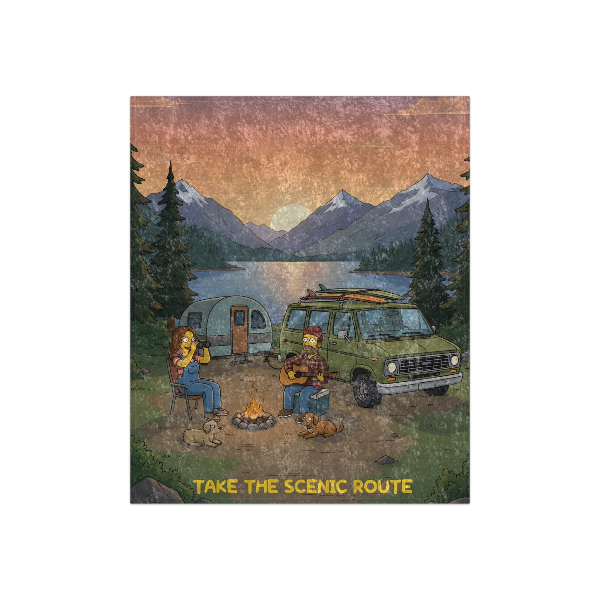 Crushed Velvet Blanket —"Take The Scenic Route" Design Sitcom-Line (Campervan)