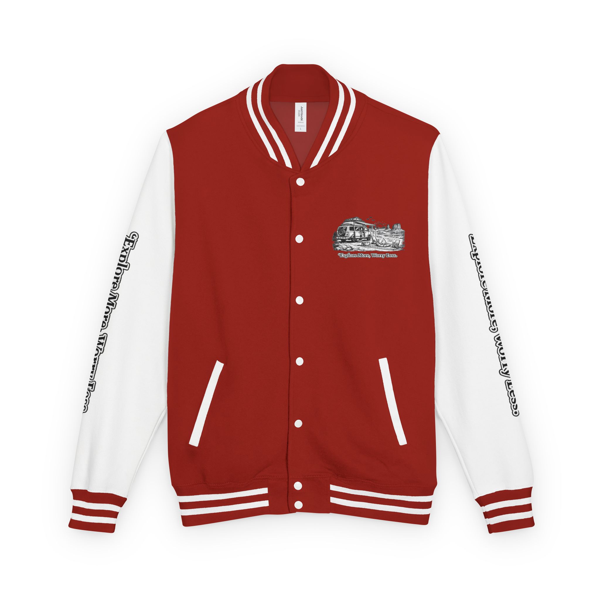 Unisex Heavyweight Letterman Jacket — "Explore More Worry Less" Travel Varsity Coat