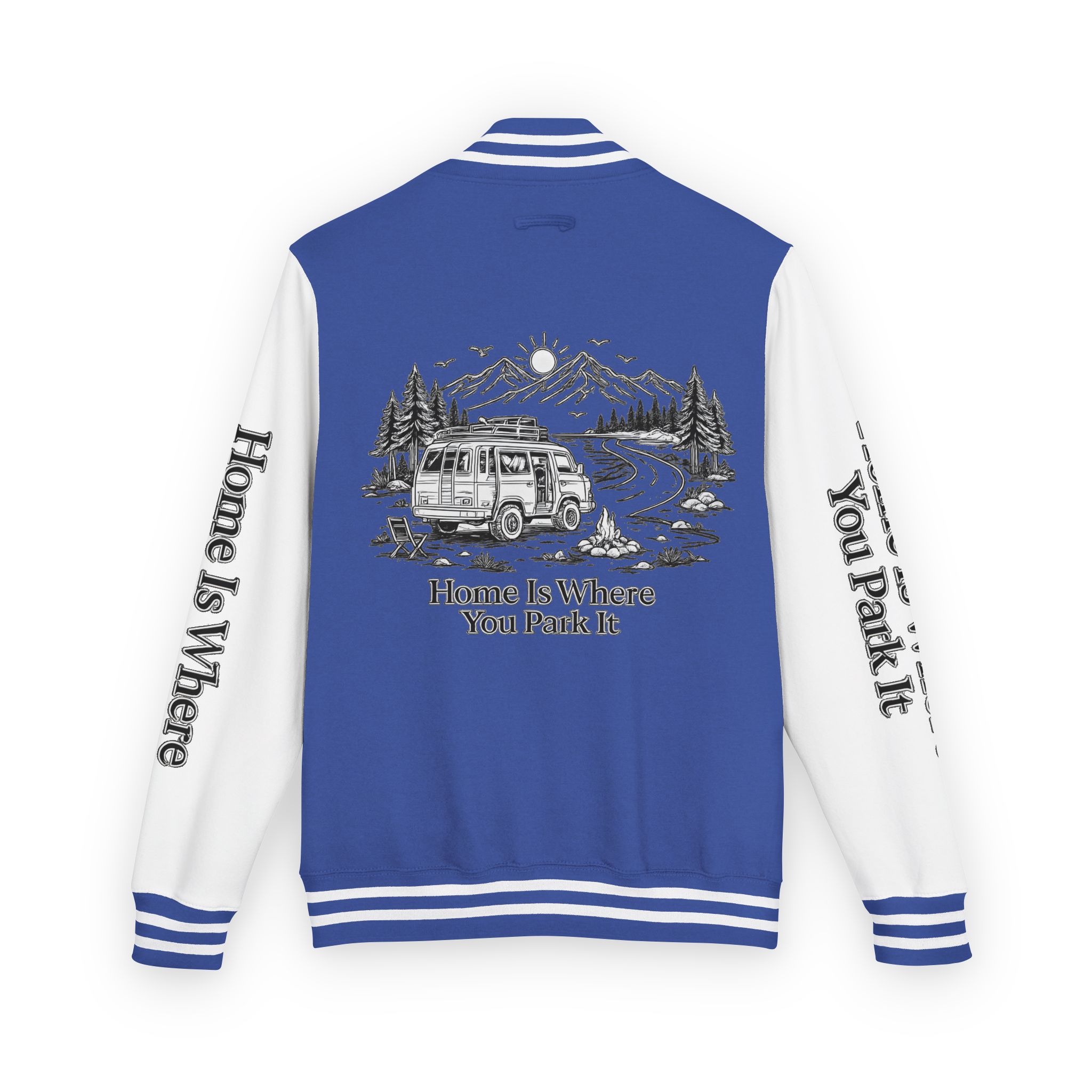 Unisex Heavyweight Letterman Jacket — "Home Is Where You Park It" Travel Varsity Coat
