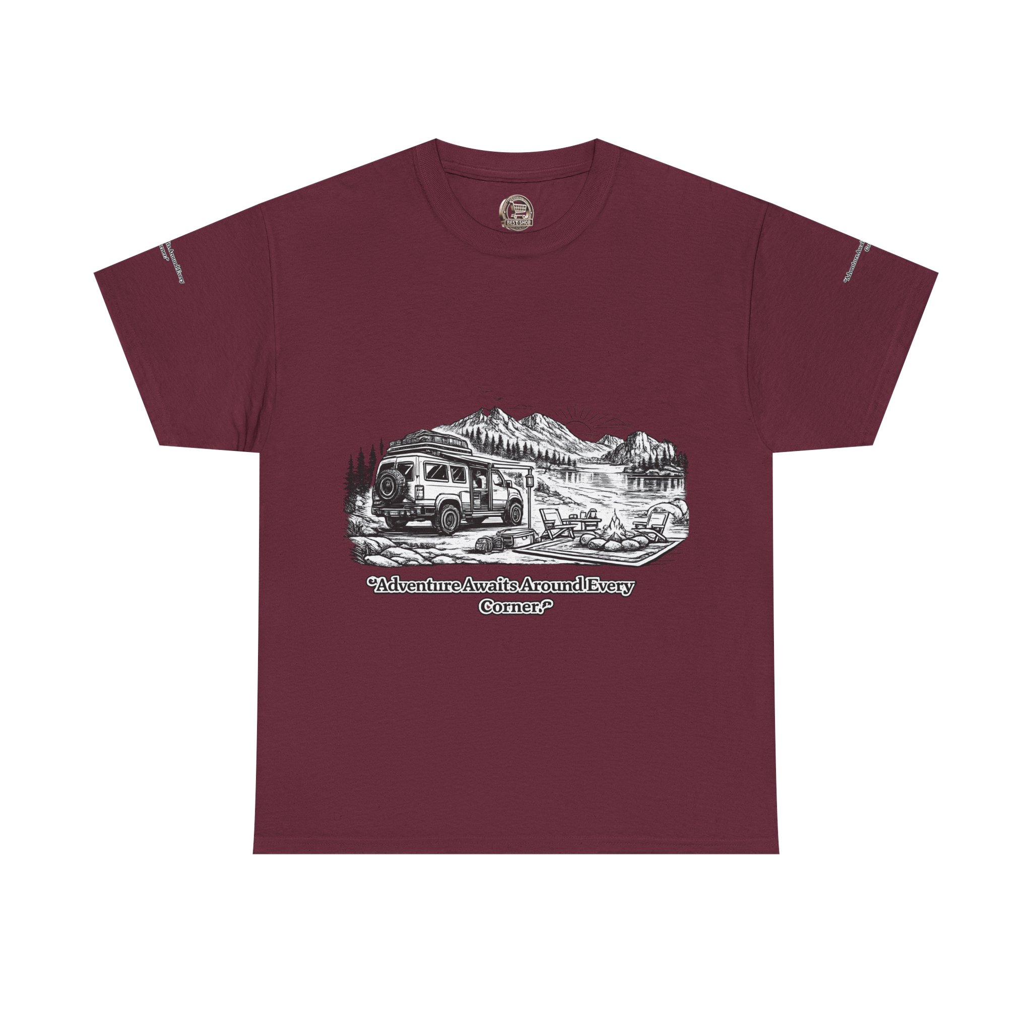Unisex Heavy Cotton Tee — "Adventure Awaits Around Every Corner" Design Minimal-Line