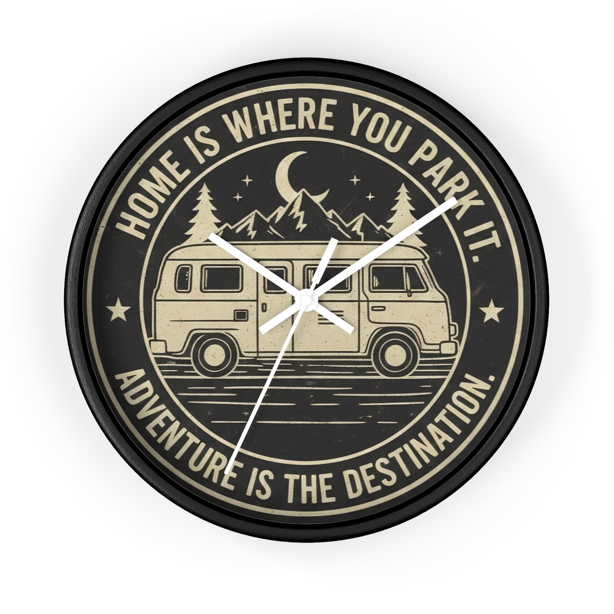 Wall Clock — "Home Is Where You Park It-Adventure is the destination" Camper Van Mountain Travel Timepiece