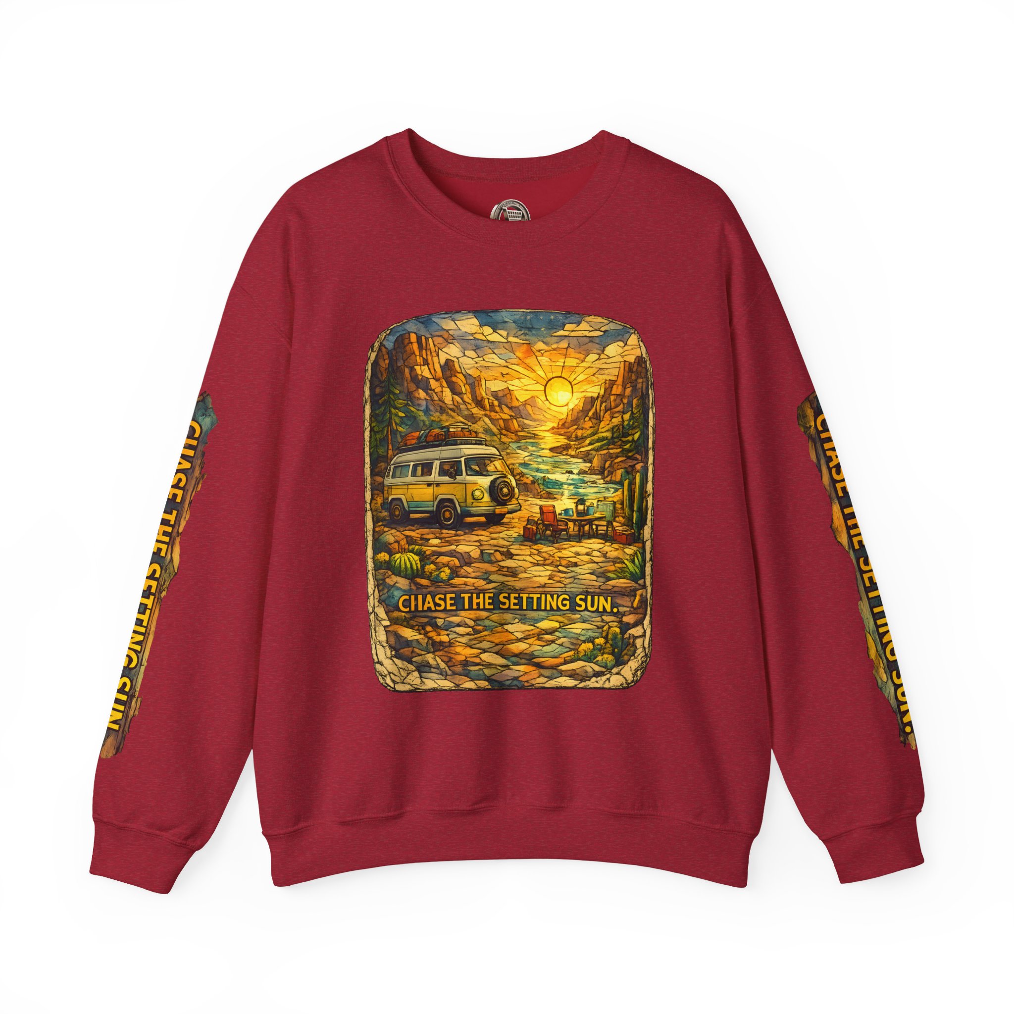 Unisex Heavy Blend™ Crewneck Sweatshirt — "Chase The Settings Sun" Design Cubic-Line