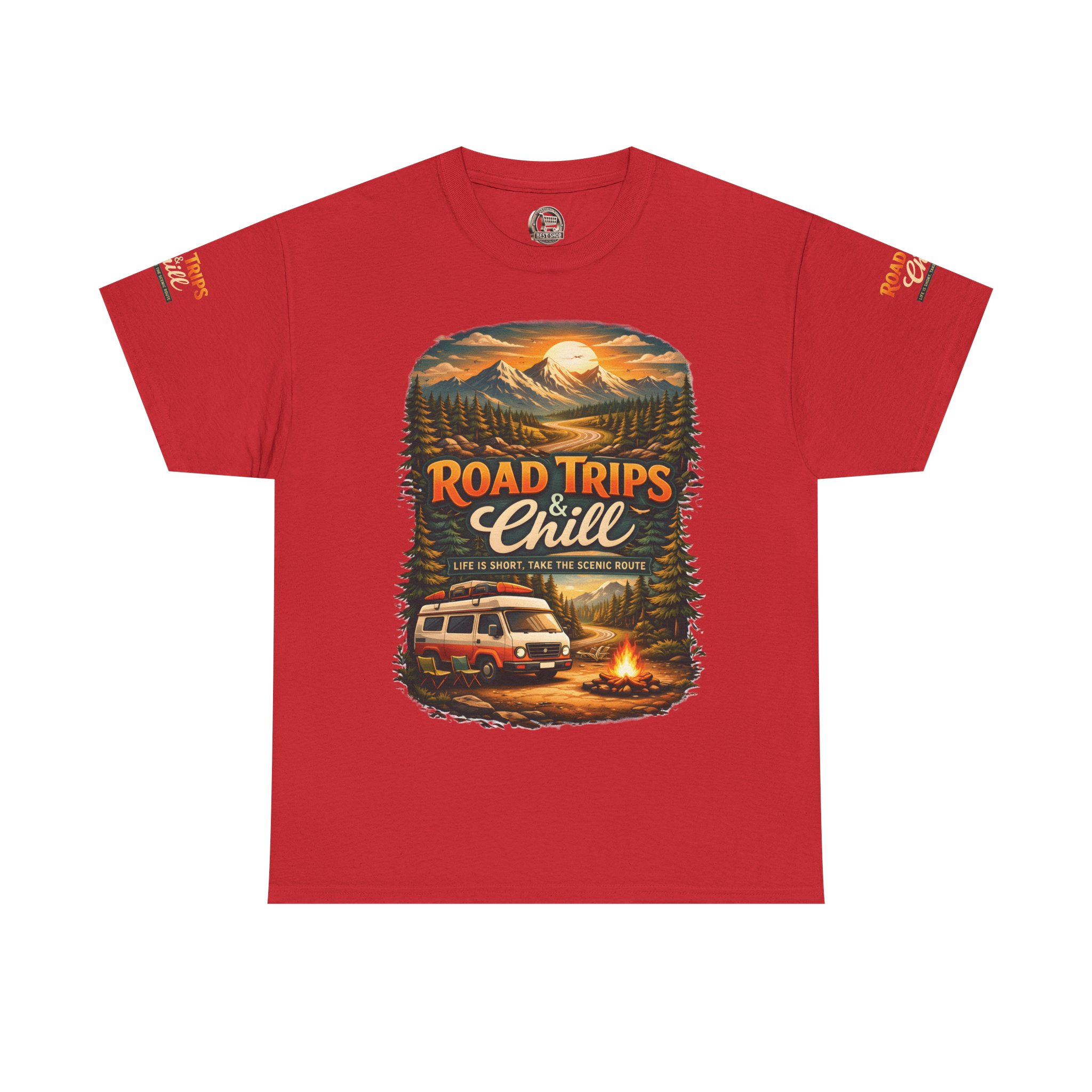 Unisex Heavy Cotton Tee — "Road Trips & Chill" Design Scenic-Line