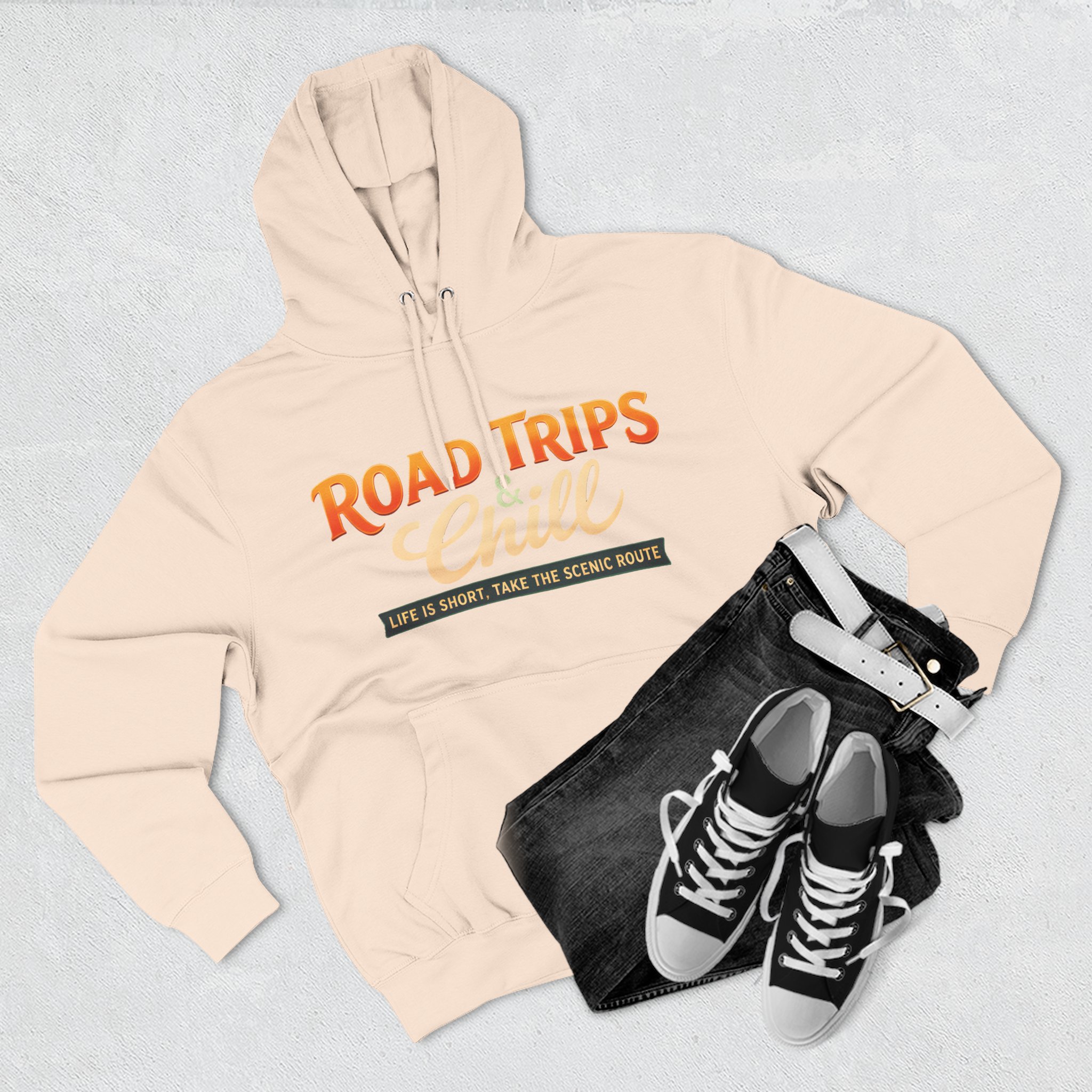 Three-Panel Fleece Hoodie - "Road Trips & Chill" Design Scenic-Line