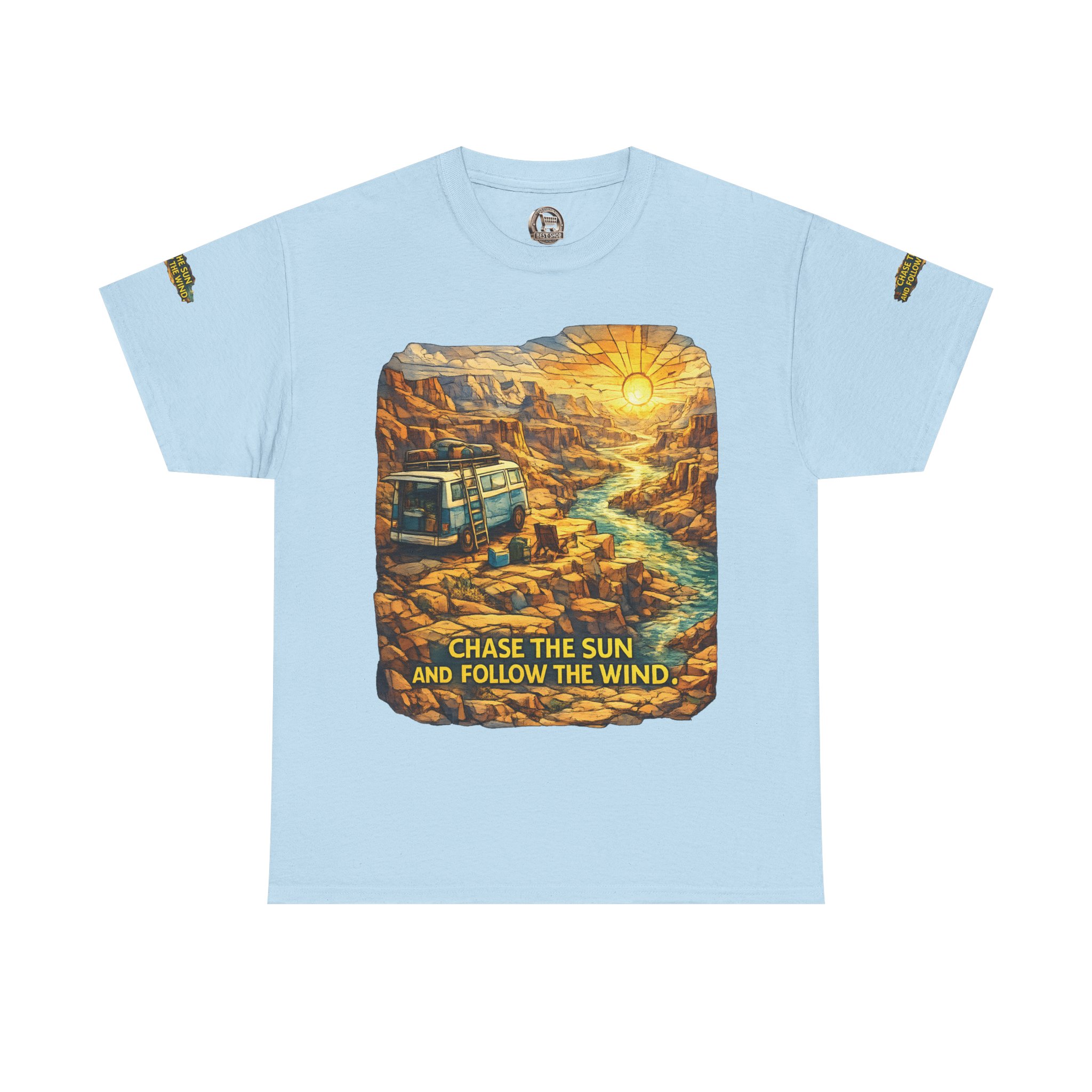 7406175743758227378_2048.jpeg Unisex Heavy Cotton Tee — "Chase The Sun And Follow The Wind" Design Cubic-Line