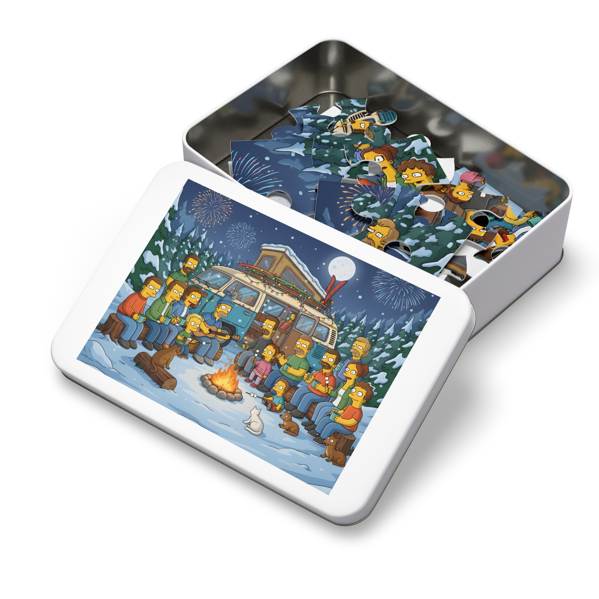 Jigsaw Puzzle with Tin — Winter Campfire Scene