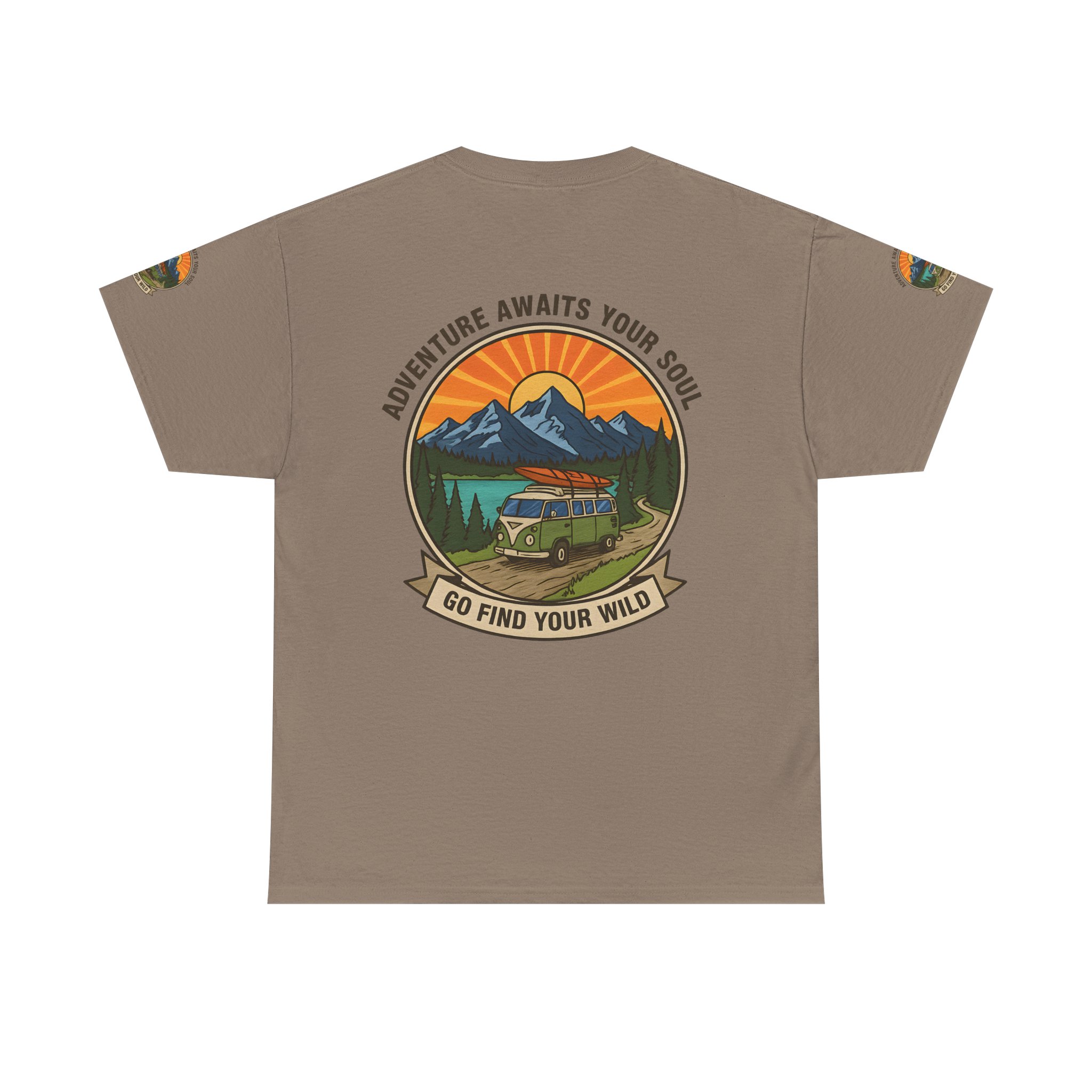 Unisex Heavy Cotton Tee — “Adventure Awaits Your Soul: Go Find Your Wild” Van & Mountain Graphic