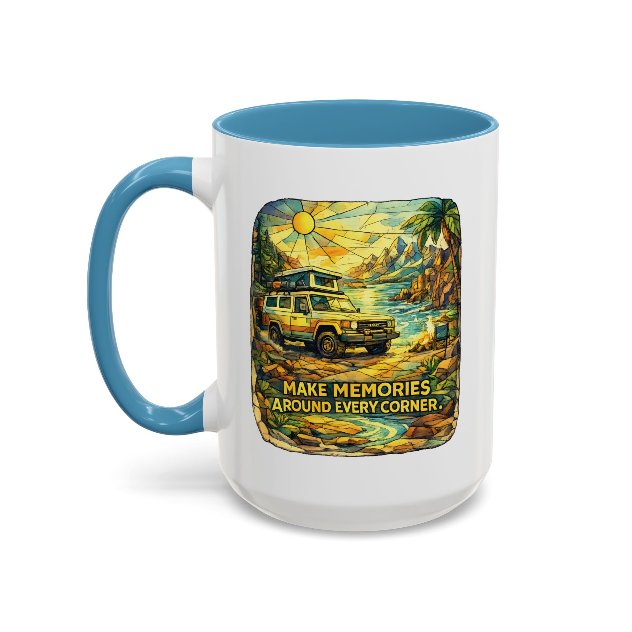 Accent Coffee Mug (11, 15oz) — "Make Memories Around Every Corner" Design Cubic-Line