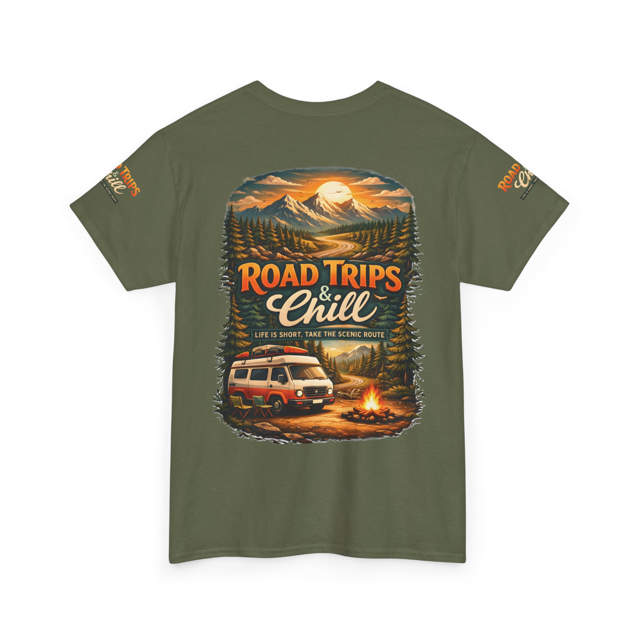 Unisex Heavy Cotton Tee — "Road Trips & Chill" Design Scenic-Line
