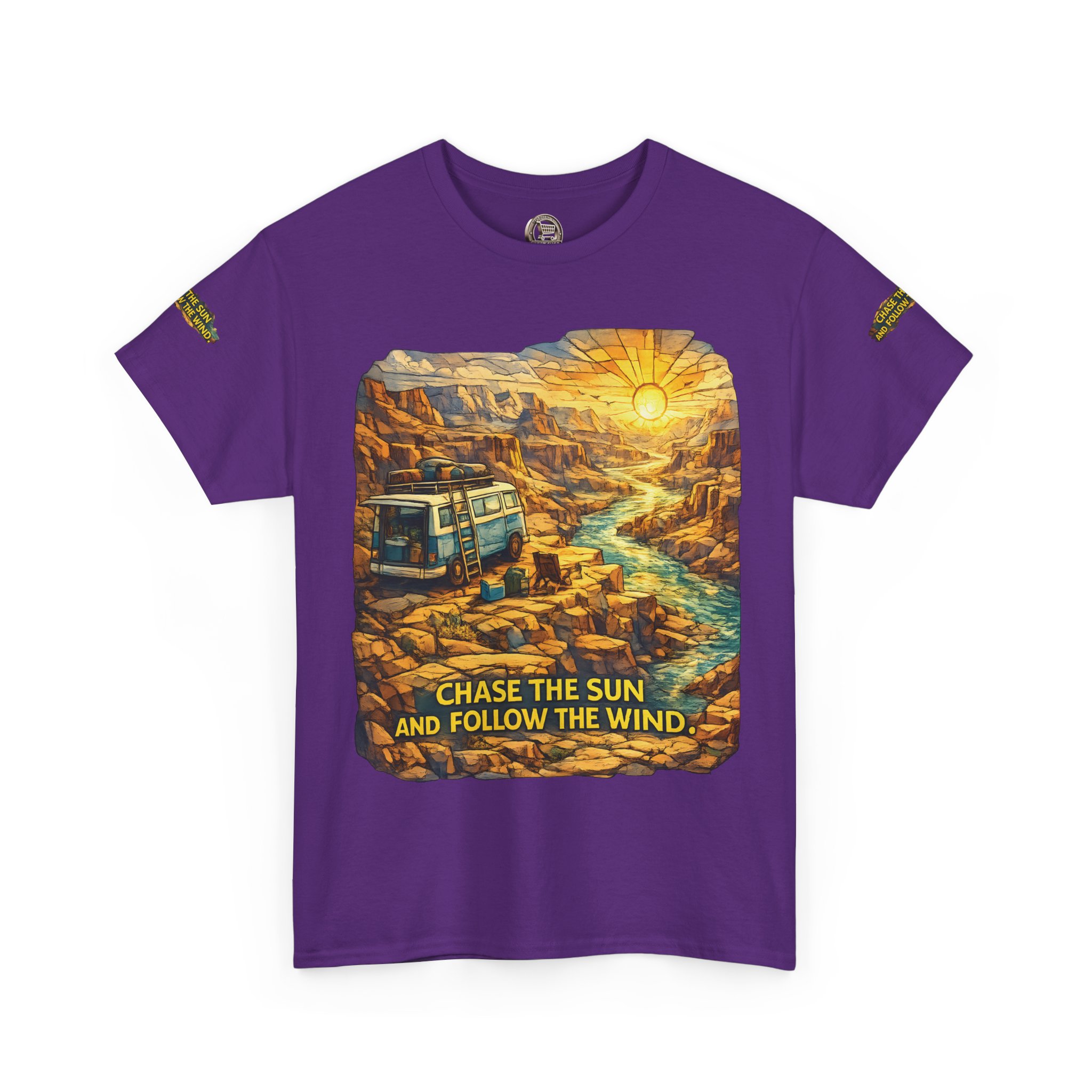 7433956999142629300_2048.jpeg Unisex Heavy Cotton Tee — "Chase The Sun And Follow The Wind" Design Cubic-Line