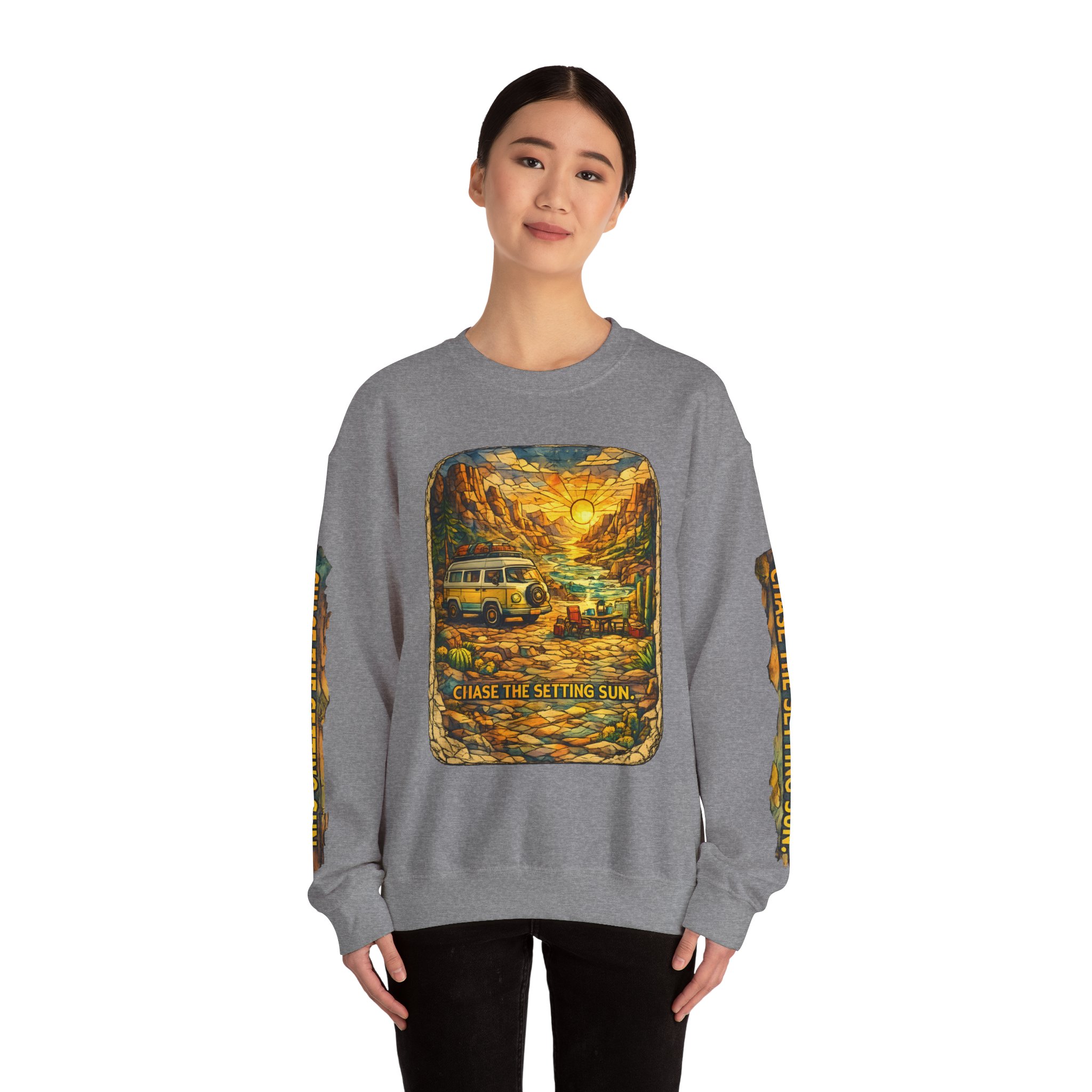 Unisex Heavy Blend™ Crewneck Sweatshirt — "Chase The Settings Sun" Design Cubic-Line