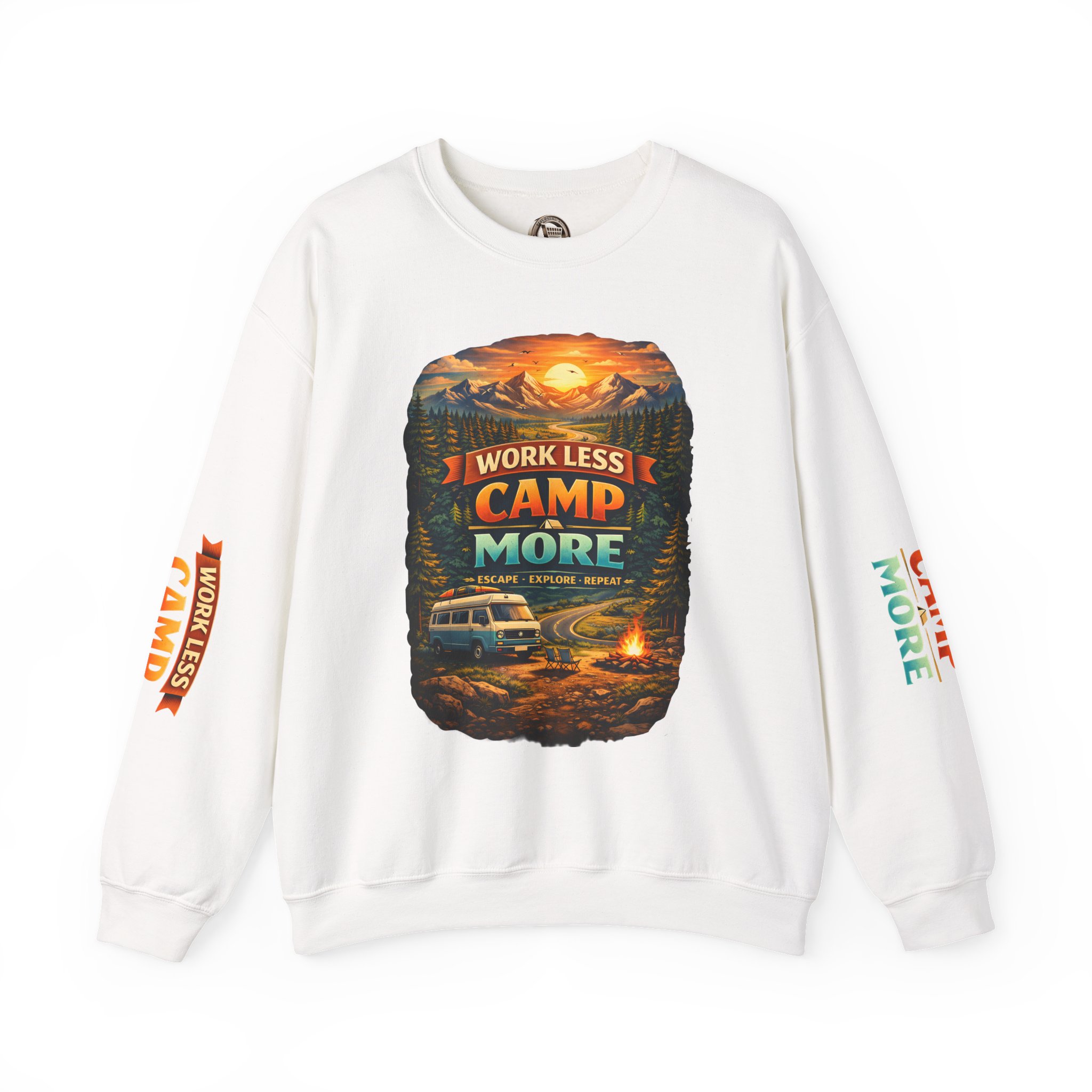 Unisex Heavy Blend™ Crewneck Sweatshirt — "Work Less-Camp More" Design Scenic-Line