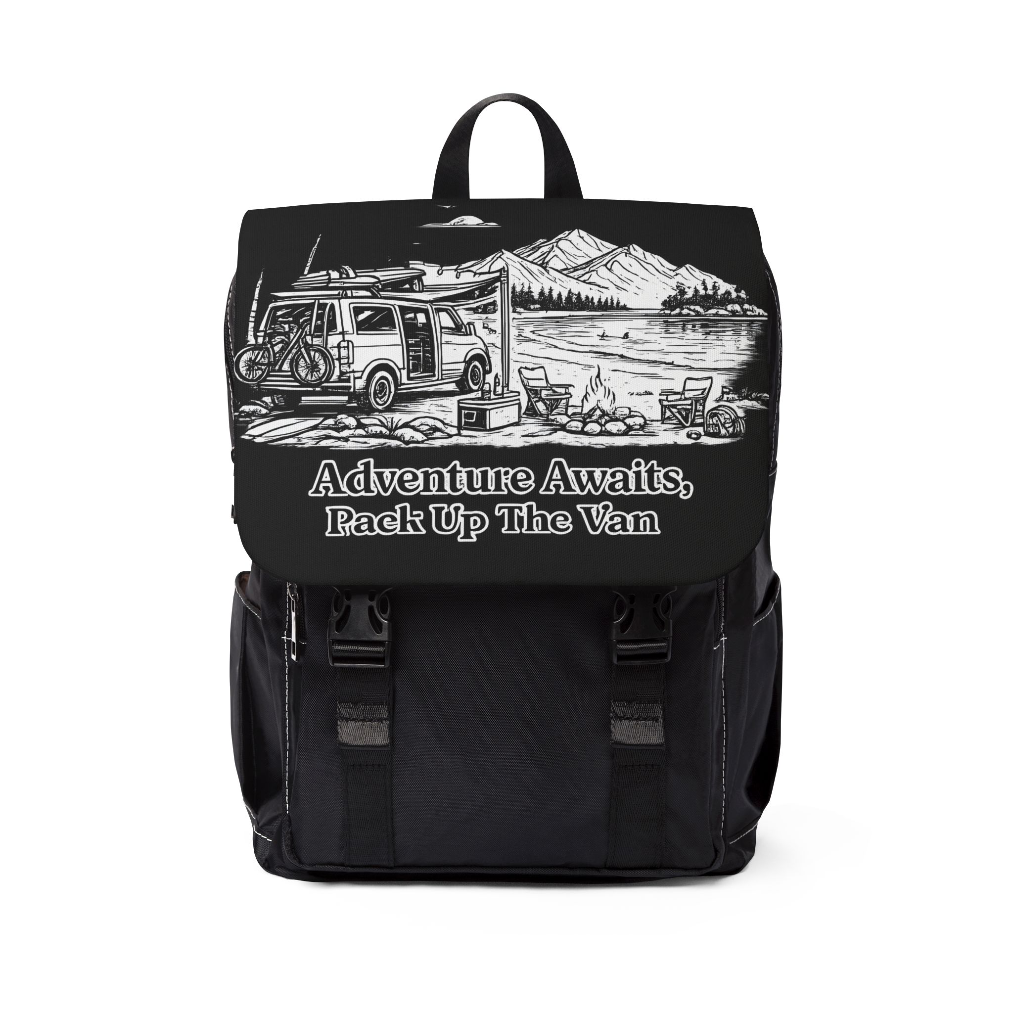 Unisex Casual Shoulder Backpack — "Adventure Awaits,Pack Up The Van" Design Minimal-Line
